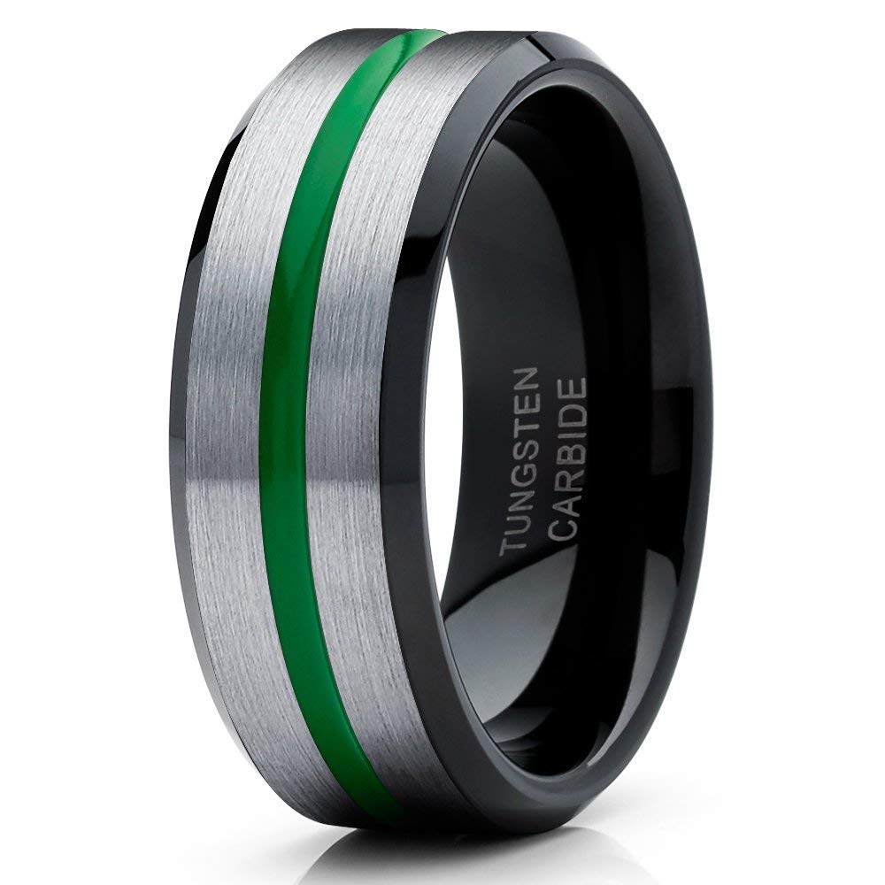 Green & Black Tungsten Carbide Wedding Band Ring for Men - Comfort Fit Anniversary & Engagement Ring - Durable Gray Tungsten Ring for Everyday Wear & Special Occasions
