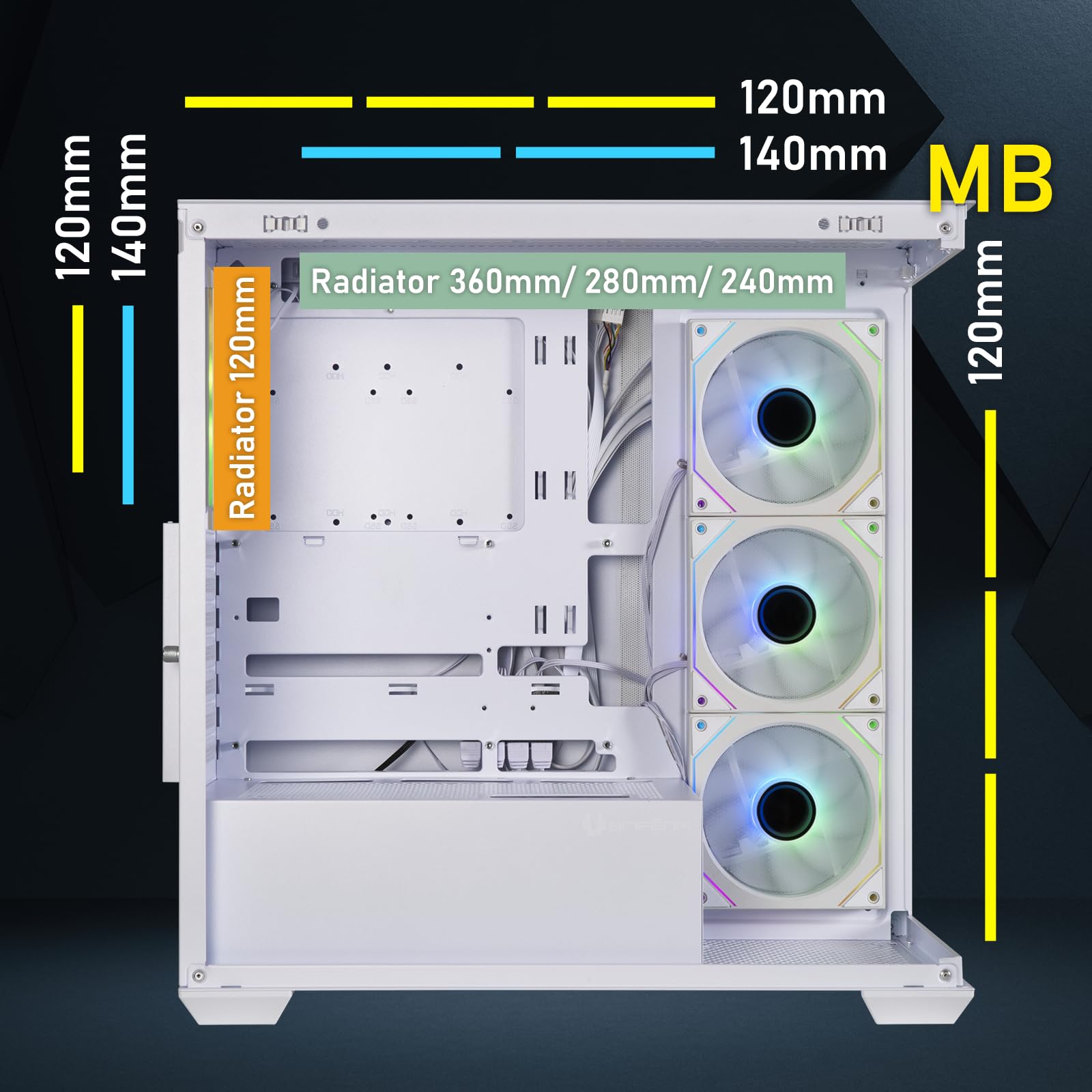 BitFenix CETO High Airflow White PC Gaming Case - Panoramic Tempered Glass, Reverse ATX Motherboard Support, 4x Infinity Mirror ARGB Fans (3 Reverse) - 360mm AIO & 410mm GPU Compatibility - Perfect for Gaming Rigs & Streaming Setups