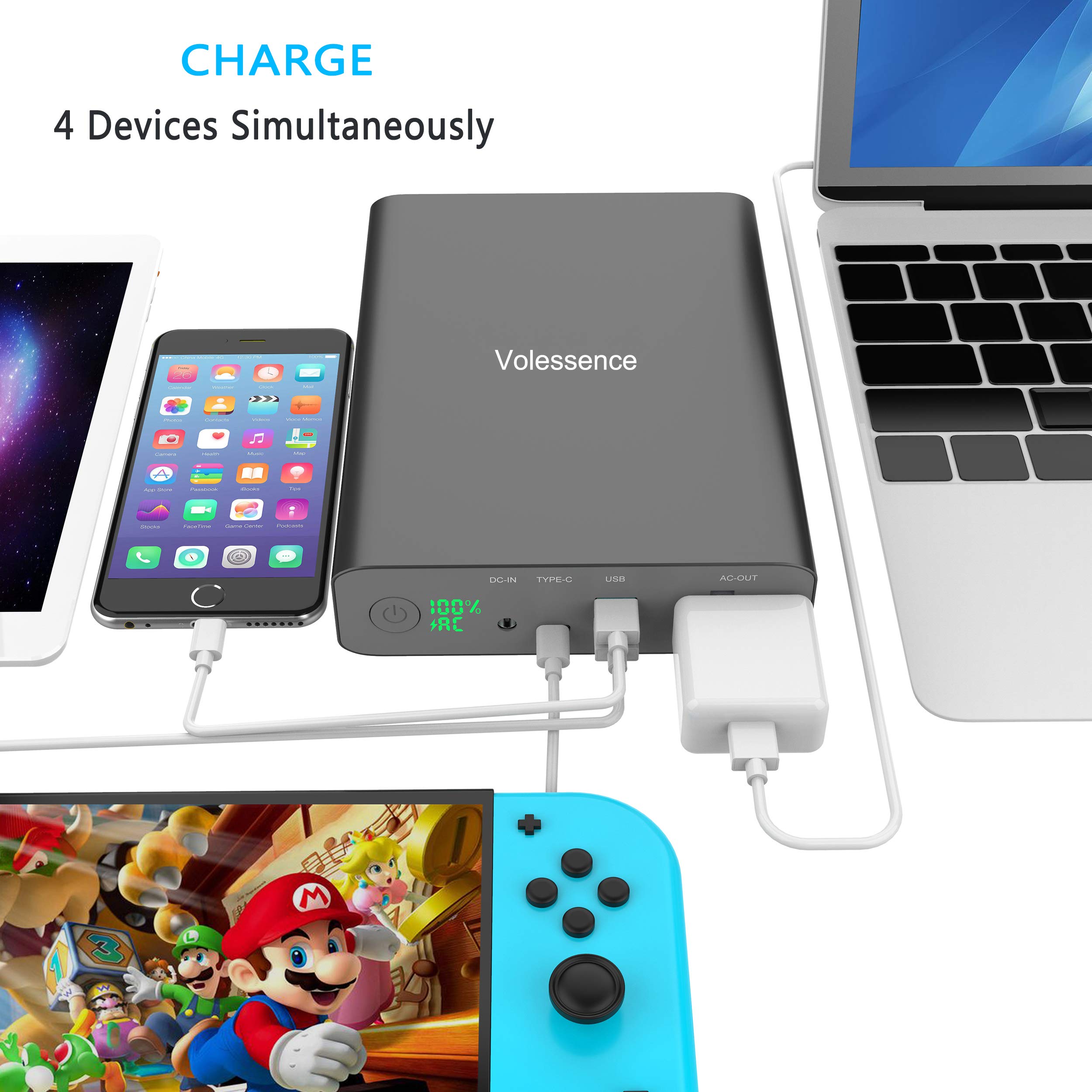 Volessence 60000mAh 130W Portable Laptop Power Bank - AC Outlet Travel Charger & External Battery Pack for MacBook, Dell, HP, Lenovo Laptops, Drones, Projectors - Perfect for Business Travel, Camping & Outdoor Adventures