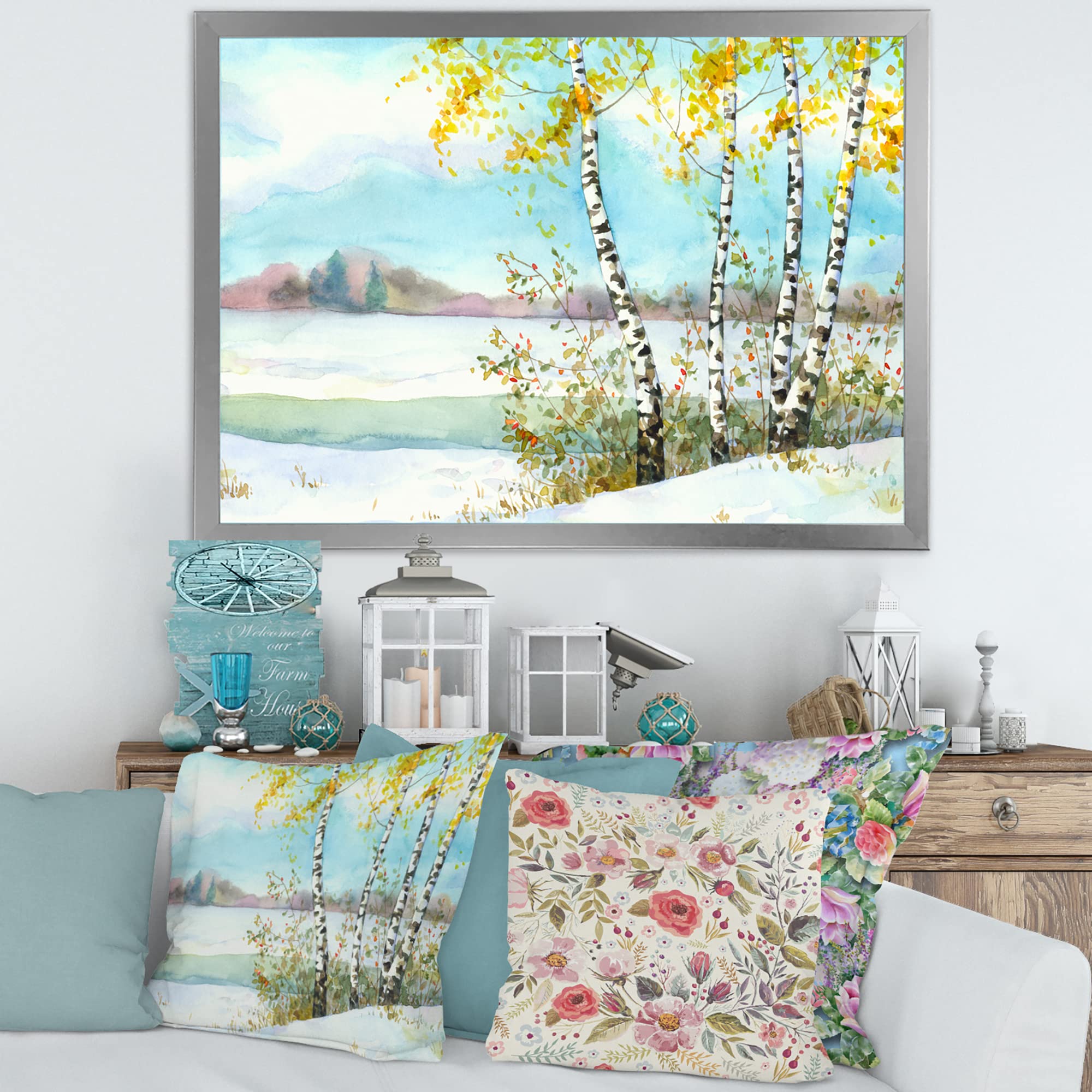 DesignQ Framed Wall Art - Winter Birch Trees Snowy Landscape Painting for Lake House Decor | Perfect for Living Room, Bedroom & Office