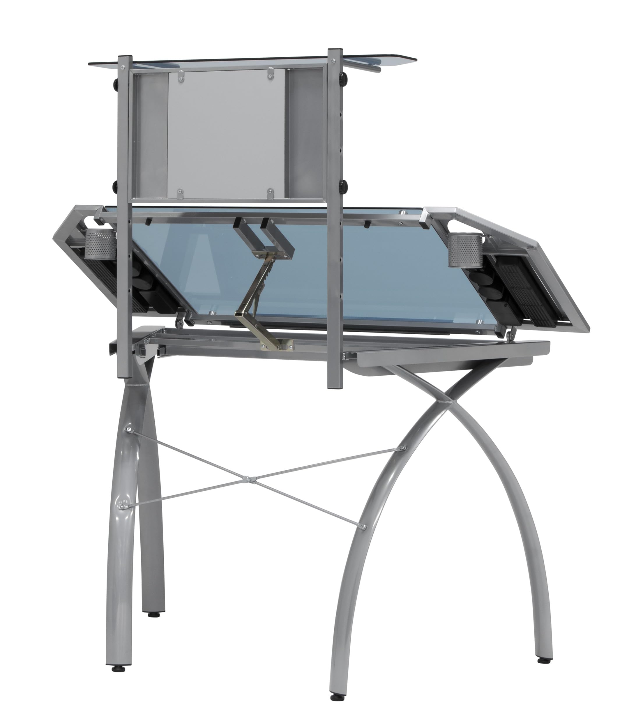 Studio Designs Futura Tower - Silver/Blue Glass Modern Laptop Desk with Adjustable Shelf | Perfect for Home Office, Gaming Setup & Small Spaces