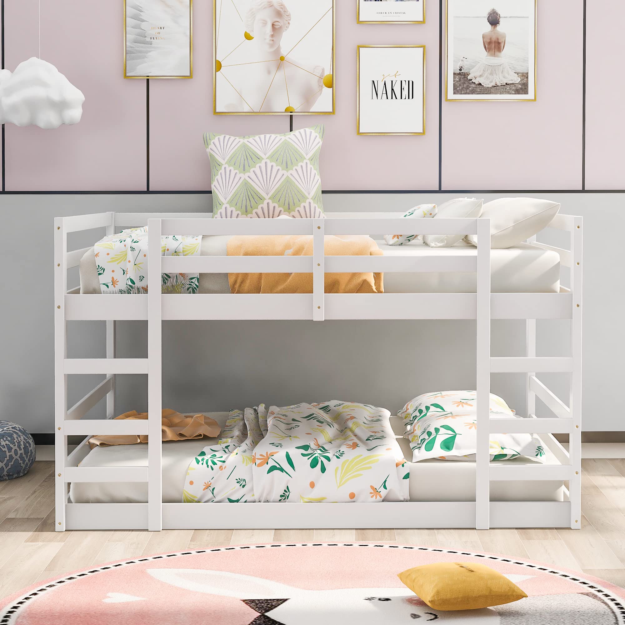 Full Size Wood Bunk Bed with Ladder & Guardrails - Safe Kids Bedroom Furniture for Siblings Sharing Room