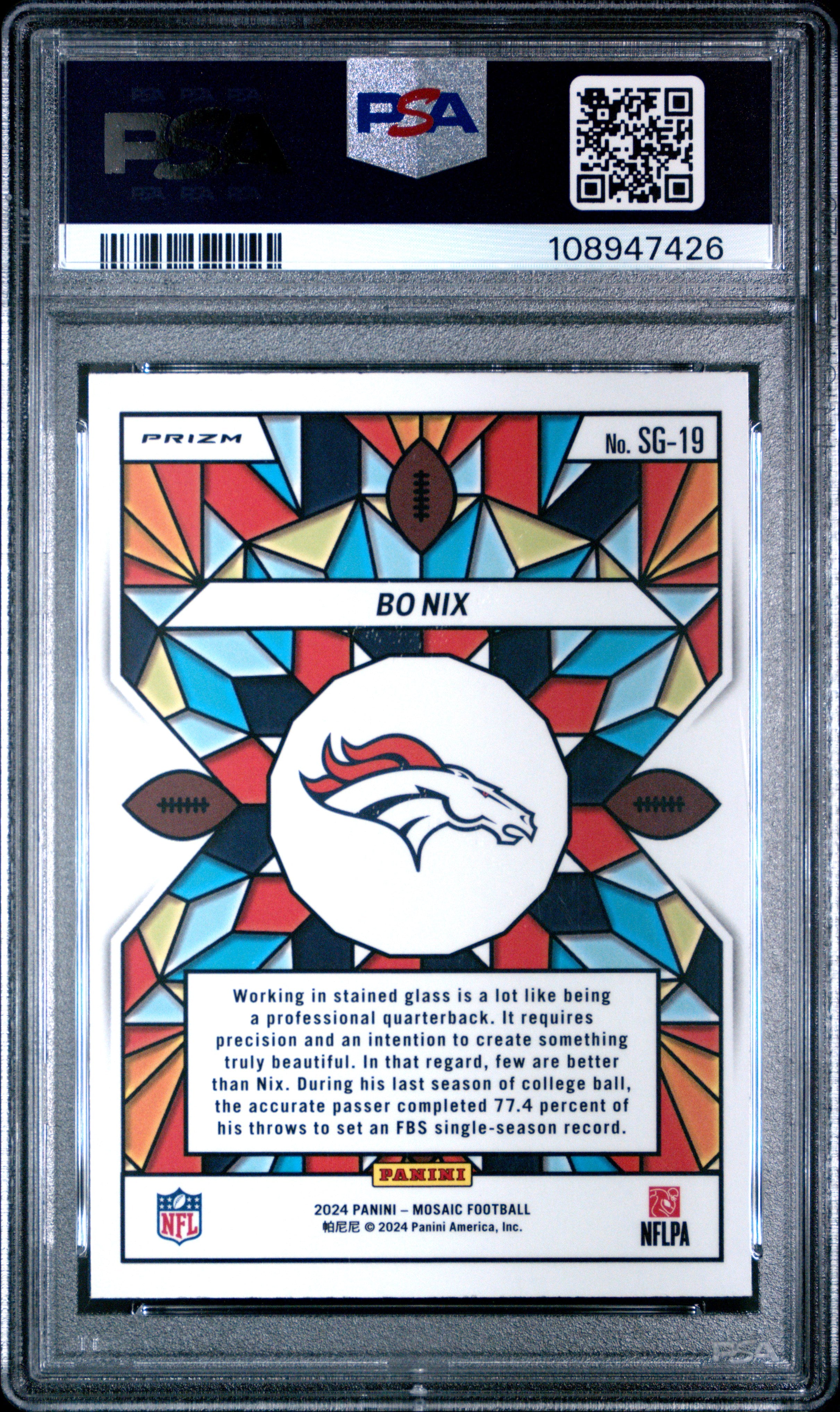 2024 Panini Mosaic Stained Glass Bo Nix #SG19 PSA 9 Football Trading Card - Perfect for Collectors, Sports Memorabilia & Investment