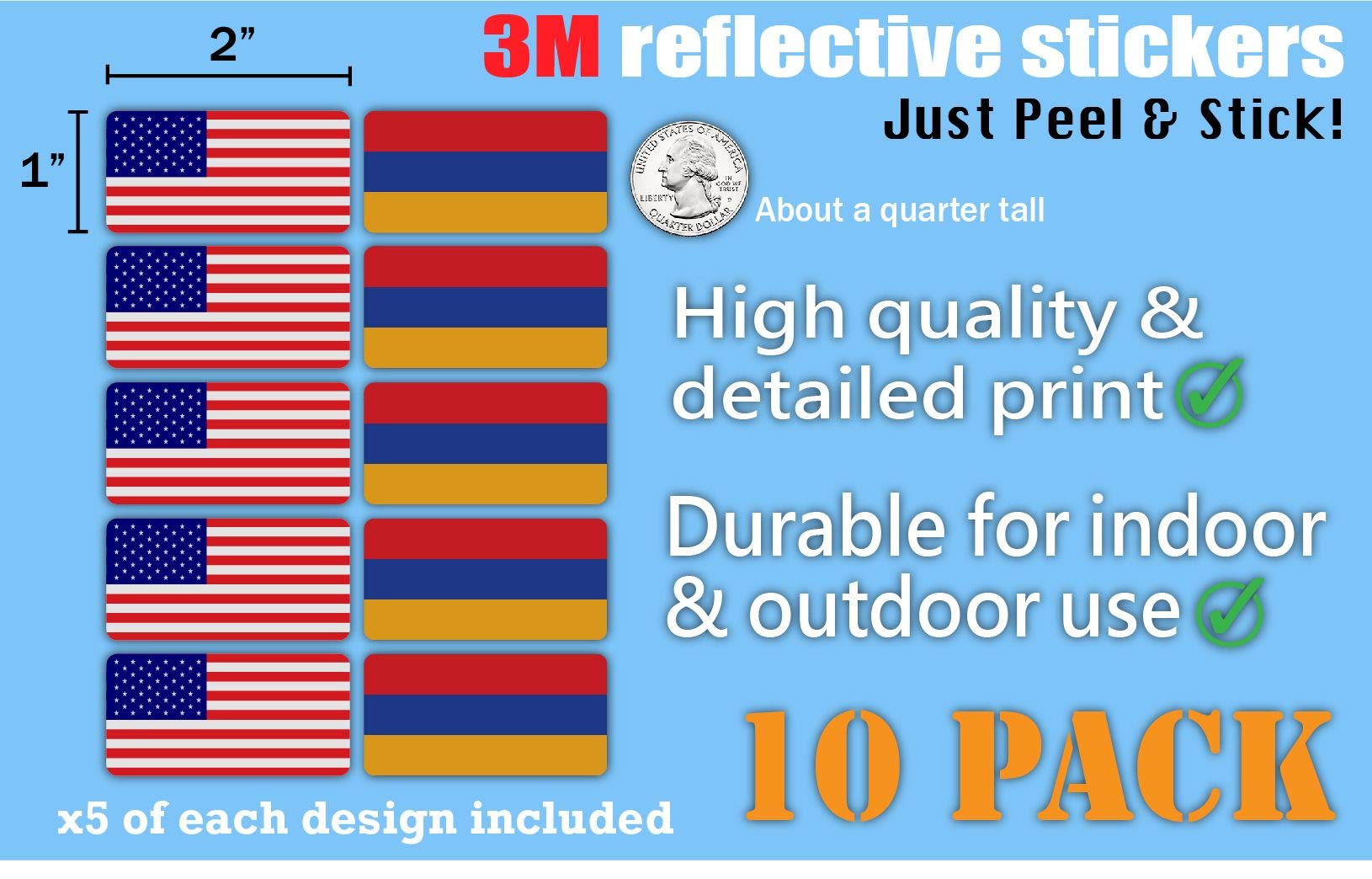10-Pack 3M Reflective American and Armenia Flag Stickers - High Visibility Safety Decals for Hard Hats, Helmets, Laptops, Bikes & Toolboxes - Perfect for Night Safety, Work Gear Identification & Patriotic Decor