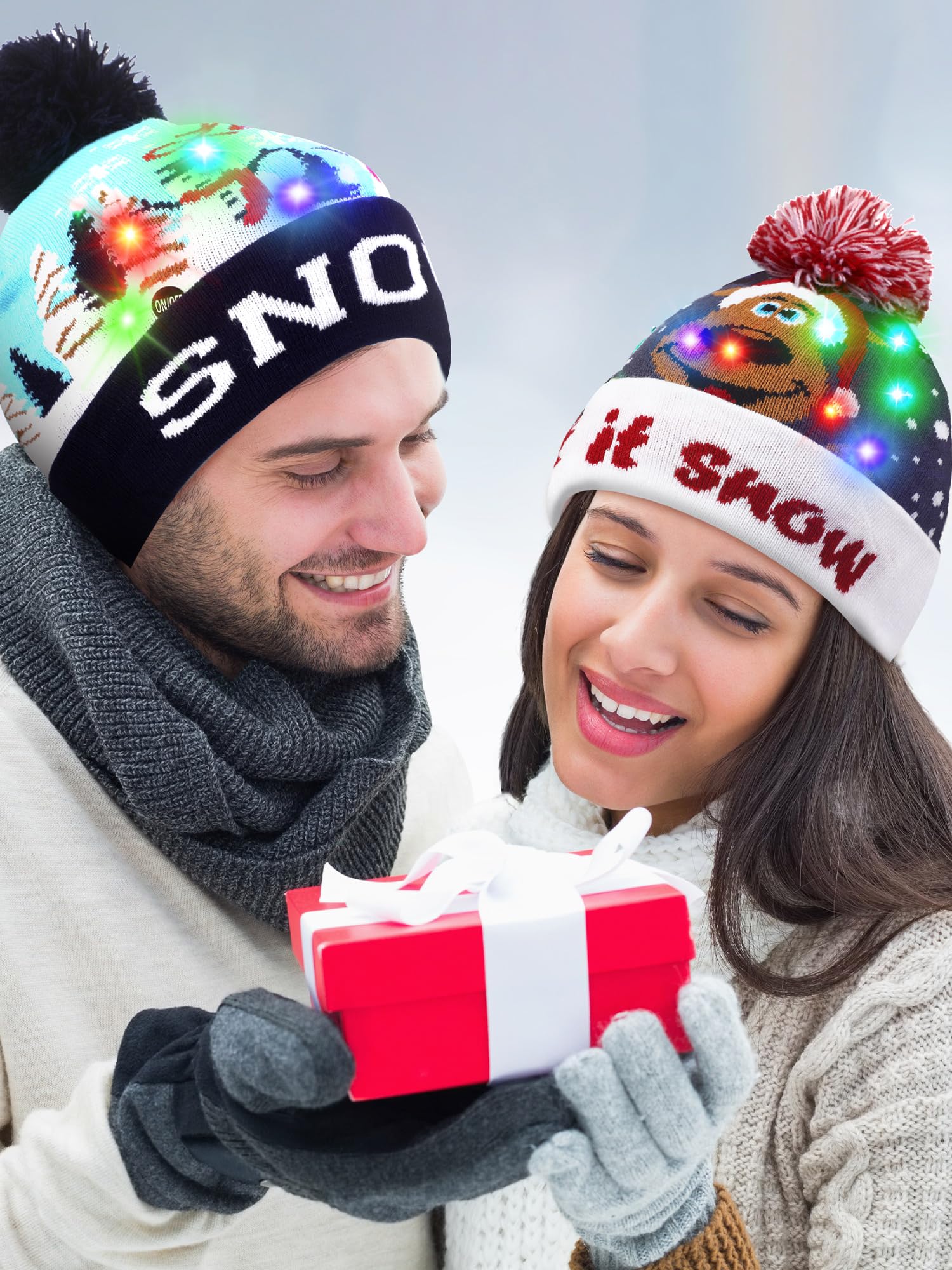 Geyoga 5 Pack Christmas LED Knit Beanie Hats - Colorful Light Up Winter Hats for Xmas Holiday Parties, New Year Celebrations & Festive Gatherings