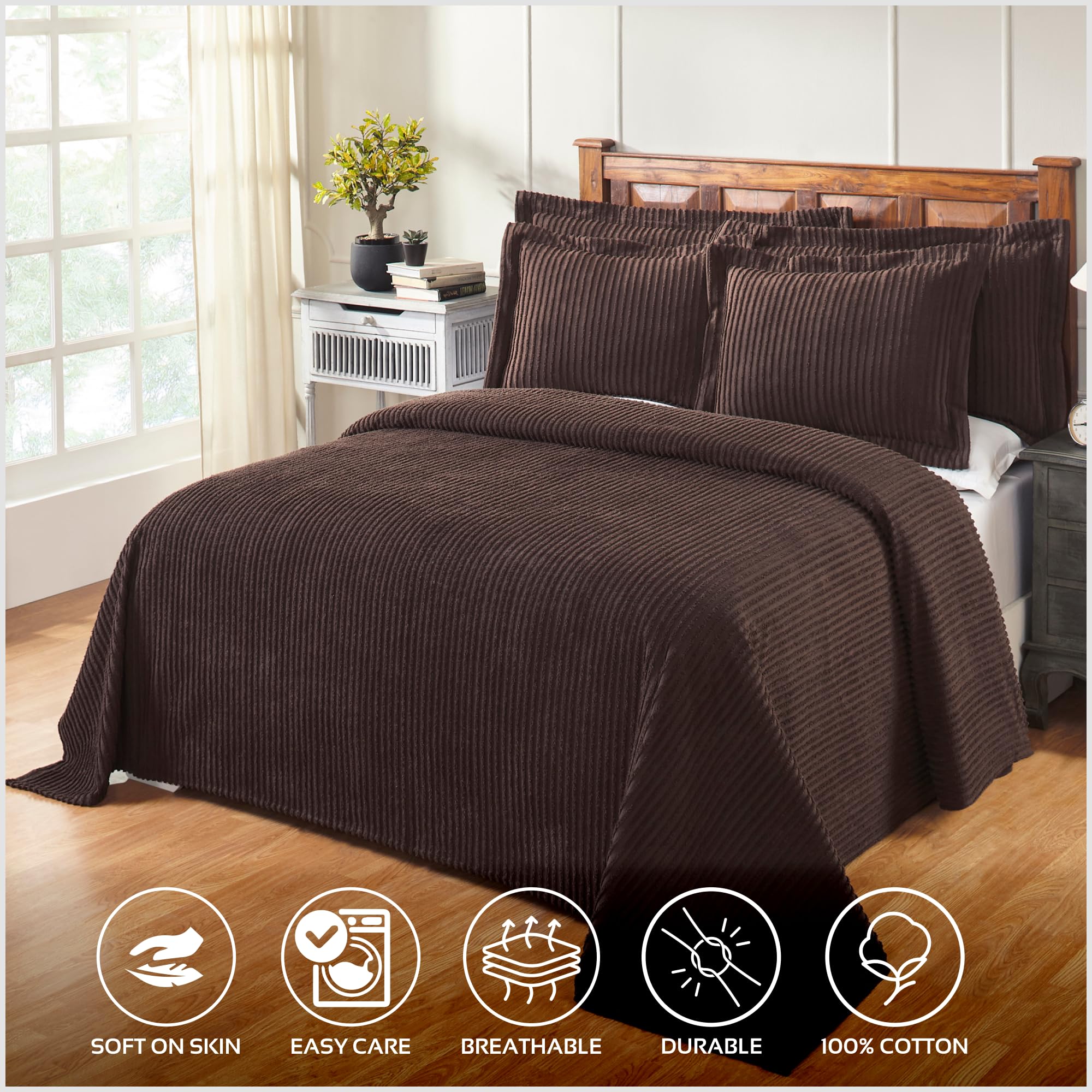 Better Trends Chocolate King Bedspread Set - 100% Cotton Tufted Classic Stripe Coverlet | Soft & Cozy All-Season Bedding | Machine Washable 3-Piece Set | Jullian Collection | Perfect for Master Bedrooms, Guest Rooms & Cozy Home Decor