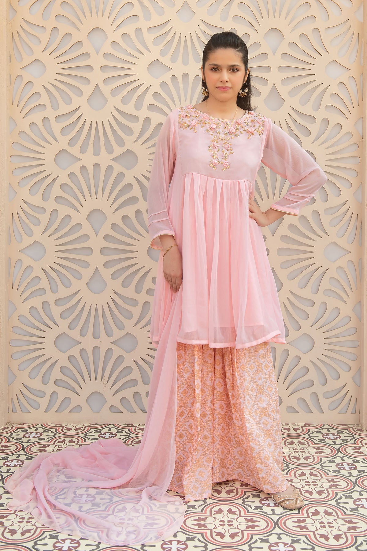 Elegant Chiffon Hand Embroidered Multi-Stitched Suit in Ochre - Perfect for Weddings, Parties & Special Occasions
