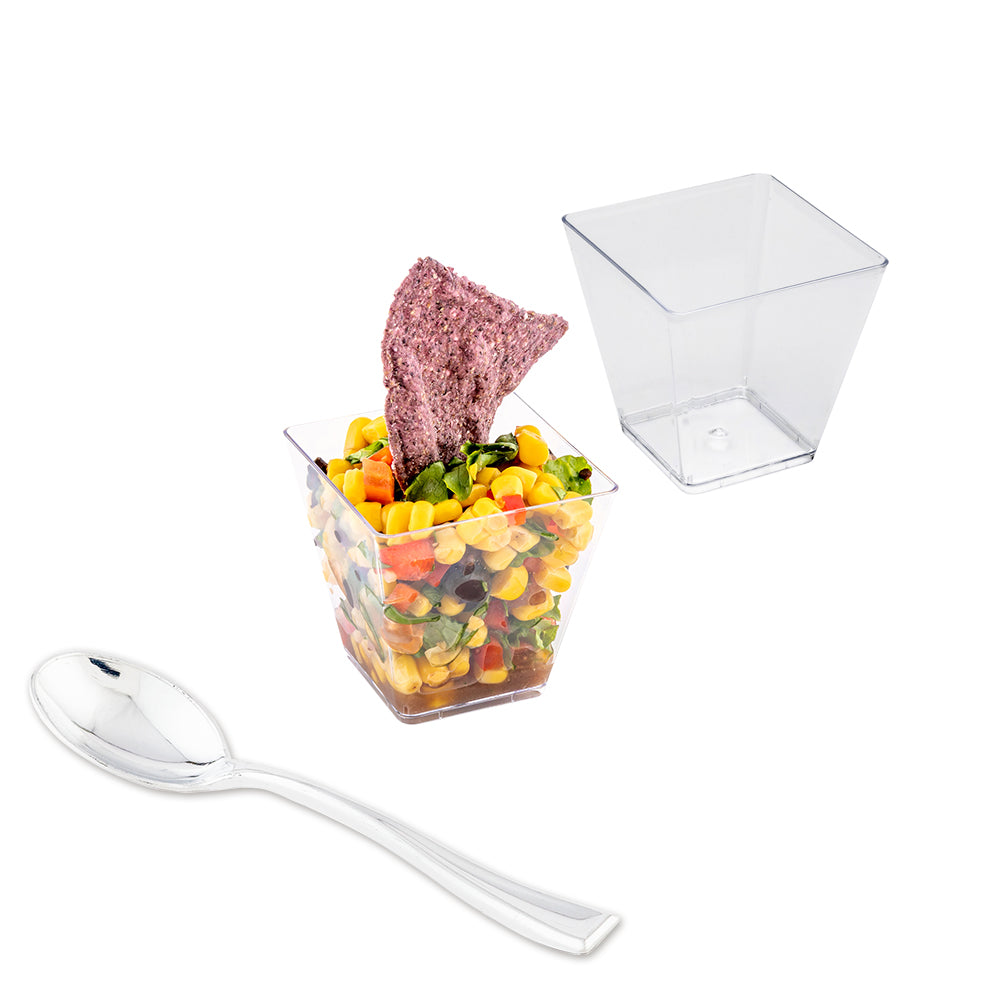 100 Pack 5 oz Square Clear Plastic Kova Cups with 100 Silver Mini Spoons - Perfect for Parties, Events, and Catering