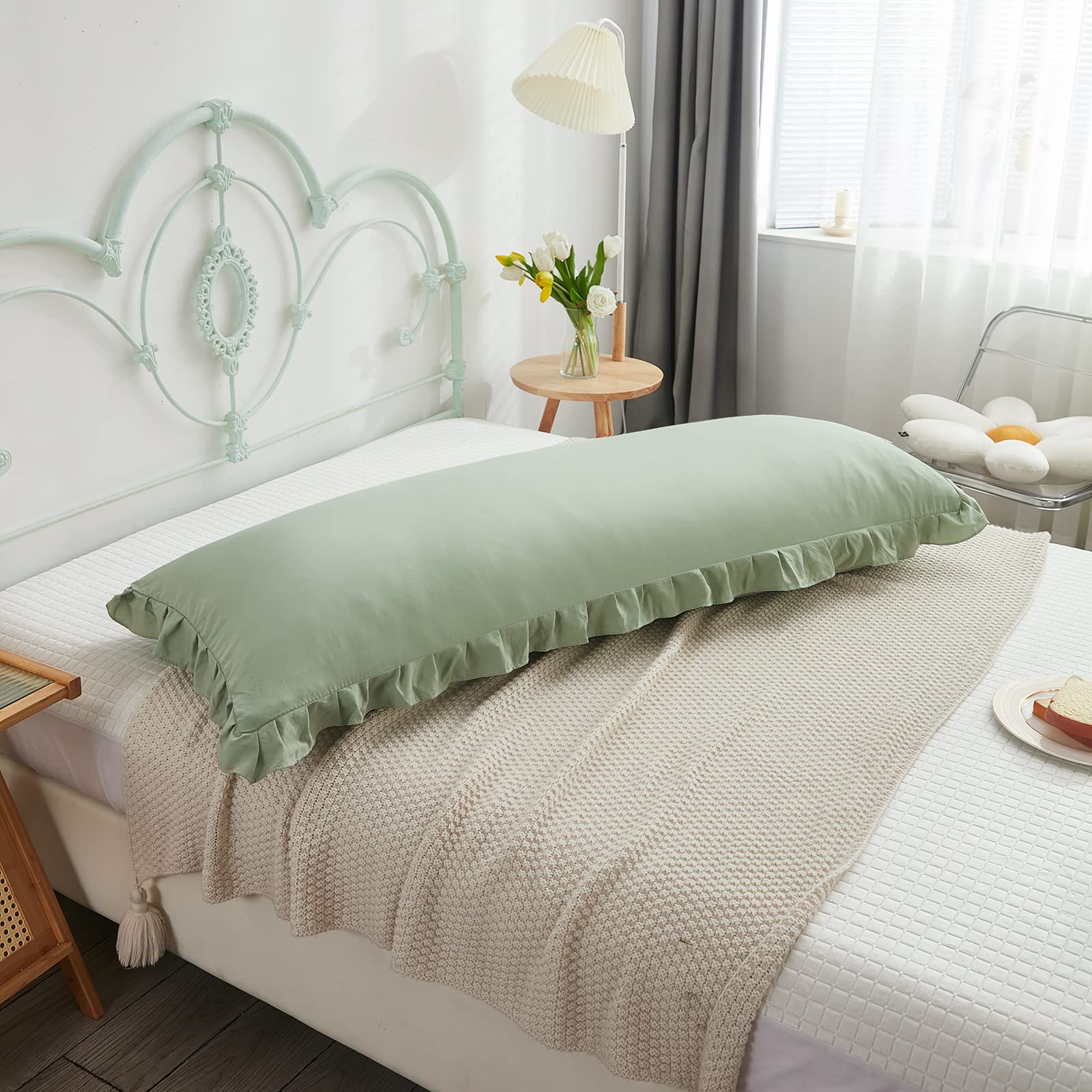 Sage Green Body Pillow Cover 20x54 Inches - Long Ruffled Pillowcase with Fringe, Shabby Chic Decor for Bedroom & Living Room - Soft & Cute Pillow Sham (1 Piece, Sea Green) - Perfect for Home Decor, Cozy Reading Nook, and Nursery Accent