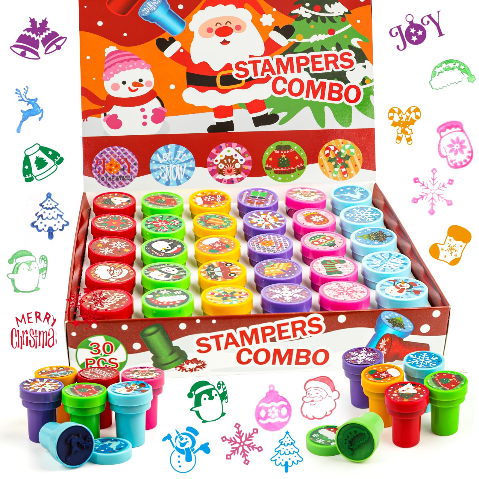 FOIMAS 30pcs Christmas Stamps for Kids - Self Inking Holiday Stampers with Santa, Snowflake & Reindeer Designs - Perfect for Stocking Stuffers, Goody Bags & Christmas Party Favors - Fun Holiday Crafts & DIY Gift Wrapping