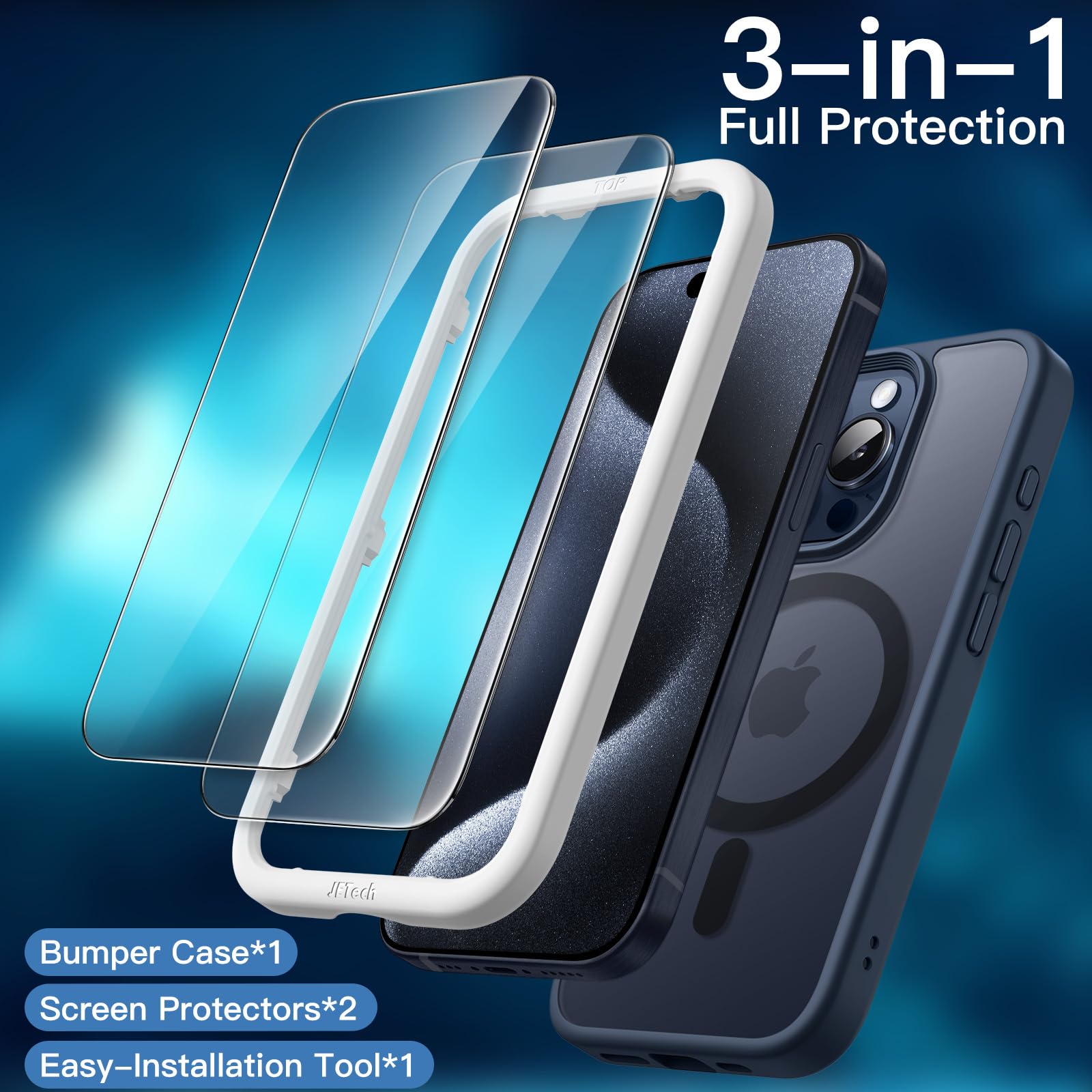 JETech 3 in 1 Magnetic Case for iPhone 15 Pro Max 6.7-Inch | 2 Pack Tempered Glass Screen Protectors | MagSafe Compatible | Translucent Matte Shockproof Phone Cover (Storm Blue) | Perfect for Daily Use, Travel & Outdoor Activities