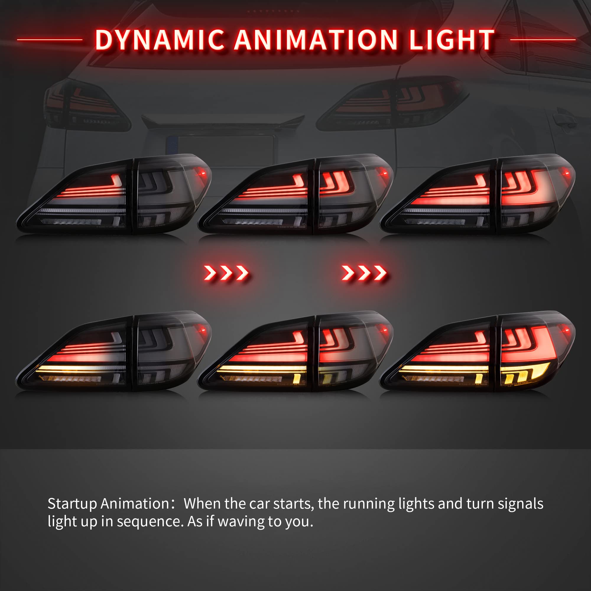 VLAND LED Tail Lights Assembly for 2009-2014 Lexus RX270 RX350 RX450 RX330 RX440H - Dynamic Animation LED Running Lights & Sequential Turn Signals - Smoked Lens (Driver & Passenger Side) - Upgrade Your Lexus RX for Enhanced Nighttime Visibility and Style
