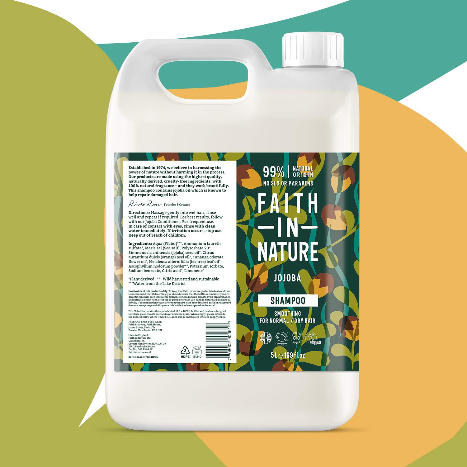 Faith In Nature Jojoba Shampoo & Conditioner Set - 5L Shampoo, 5L Conditioner with 450ml Aluminum Refill Bottle - Natural Hair Care for Dry & Damaged Hair - Salon Quality Vegan Hair Products for Home & Professional Use