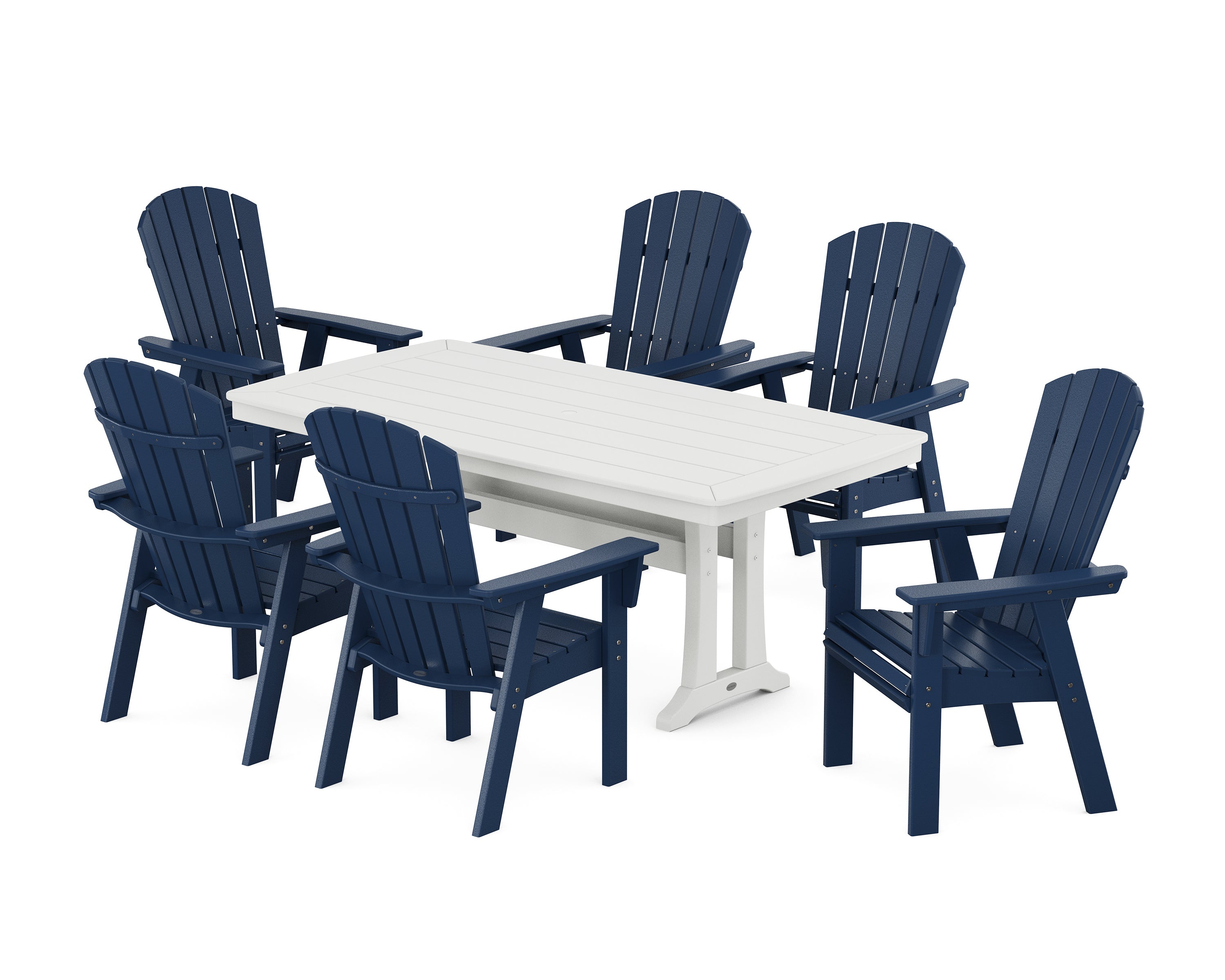 POLYWOOD Nautical Curveback Adirondack 7-Piece Outdoor Dining Set with Trestle Legs - Perfect for Patio, Poolside, and Beachfront Entertaining