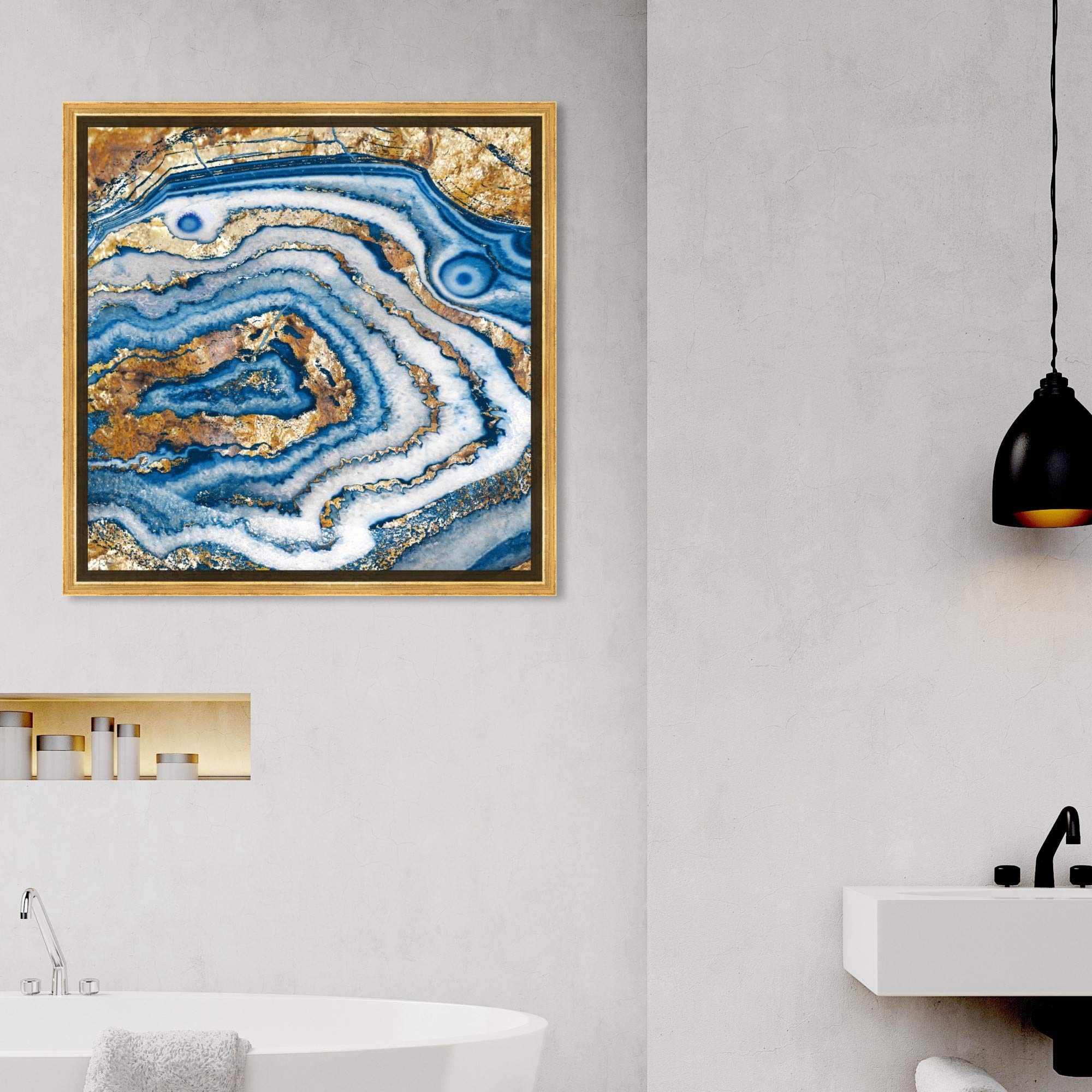 Abstract Framed Wall Art Canvas Print 'Bleu Agate' Crystal Design - 16x16 Inches Blue & Gold Home Decor - Perfect for Living Room, Bedroom or Office Wall Decoration