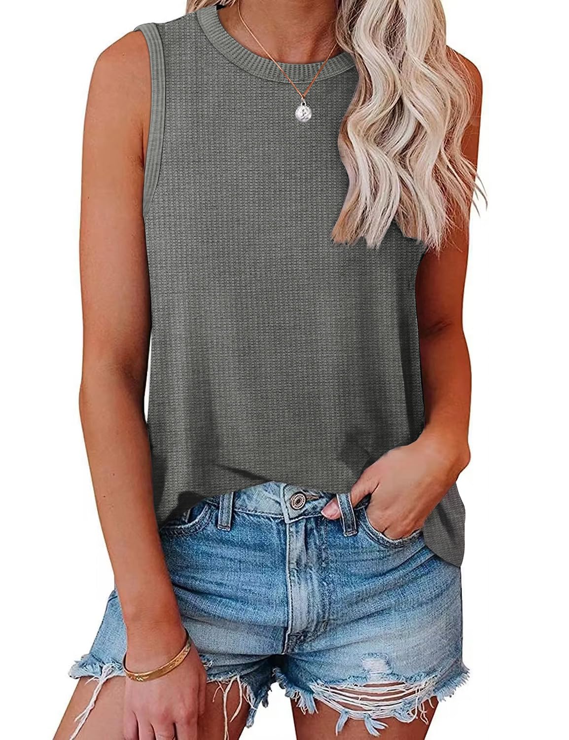 WIHOLL Women's Soft Waffle Knit Crewneck Tank Top - Loose Fit Curved Hem Cotton Beachwear for Summer Vacation, Casual Outings & Trendy Street Style