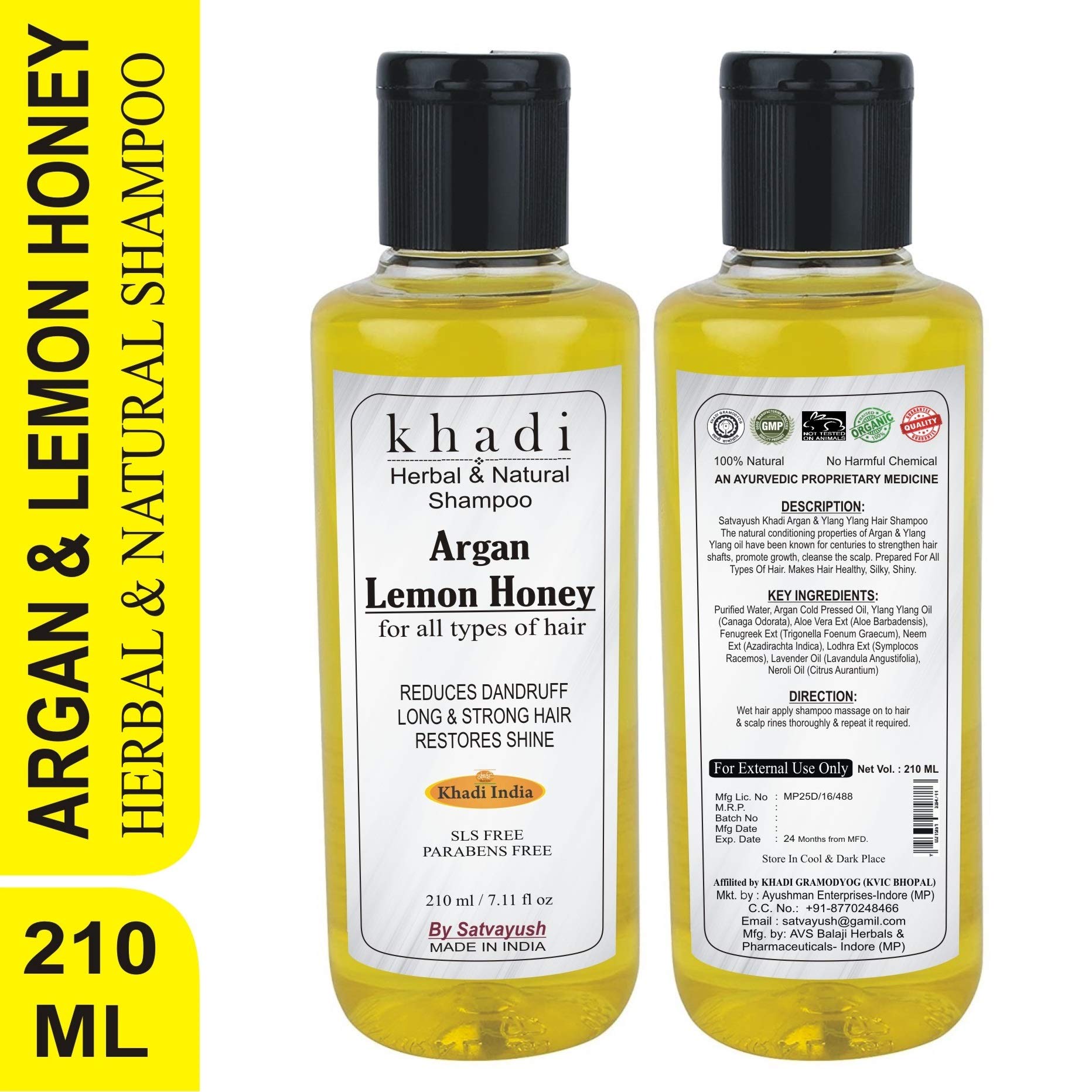 Satvayush Khadi Argan with Honey & Lemon Shampoo 210ml - Anti Dandruff Treatment for Scalp, Restores Hair Shine & Softness | Ideal for Dry, Itchy Scalp & Damaged Hair Care Routine