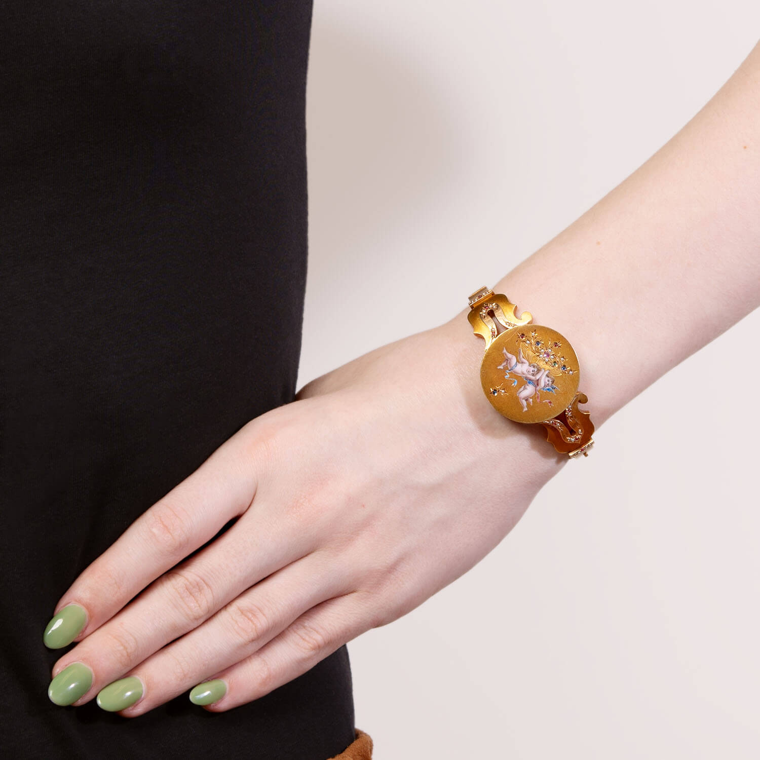 Victorian 18k Gold Bangle with Ruby, Sapphire, Emerald & Pearl Enameled Cherub Design - Elegant Antique Jewelry for Weddings, Parties & Special Occasions