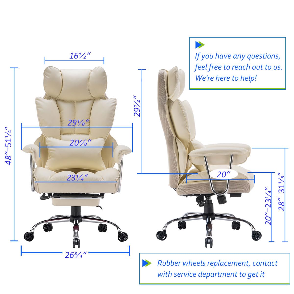 Efomao 400LBS Heavy Duty Executive Office Chair - Big and Tall PU Leather Computer Desk Chair with Adjustable Lumbar Support & Footrest - Ergonomic Home Office Chair for Work, Gaming, and Study (Beige)