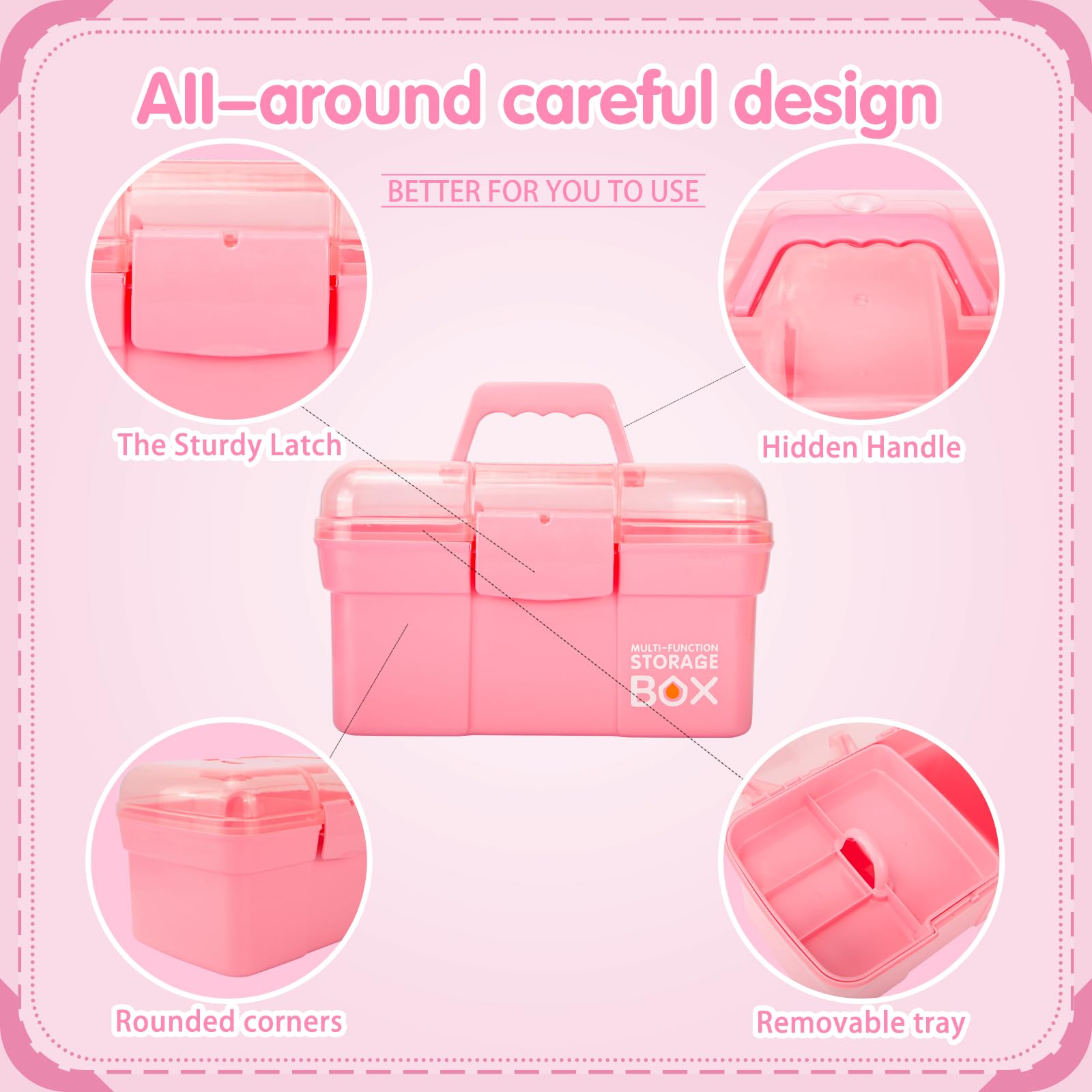 11-Inch Multi-Purpose Clear Plastic Storage Box with Removable Tray & Handle - Portable Organizer for Crafts, Makeup, Sewing, Nail & Hair Accessories (Pink) - Perfect for Home, Office & Travel Organization