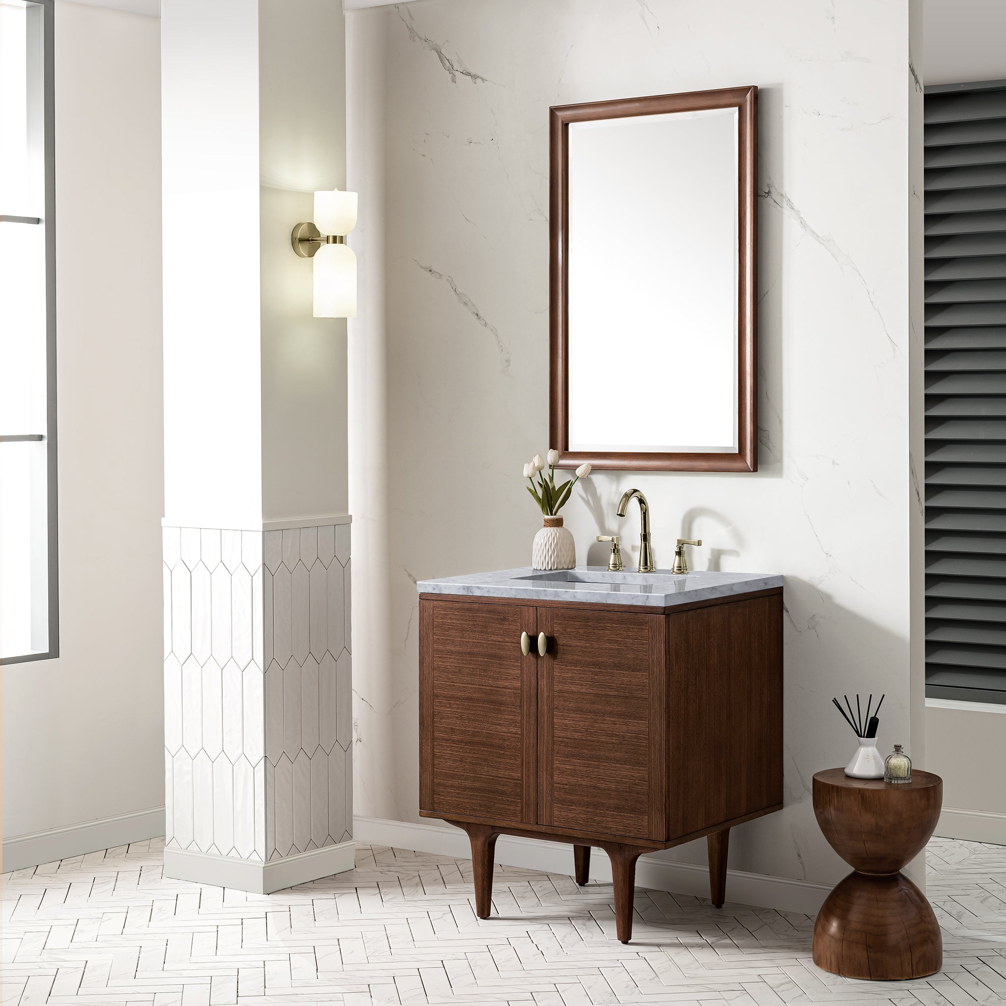 Amberly 30 Inch Single Vanity with Carrara Marble Top - Mid Century Modern Walnut Bathroom Vanity for Small Spaces | Perfect for Powder Rooms, Guest Baths & Master Bath Remodels