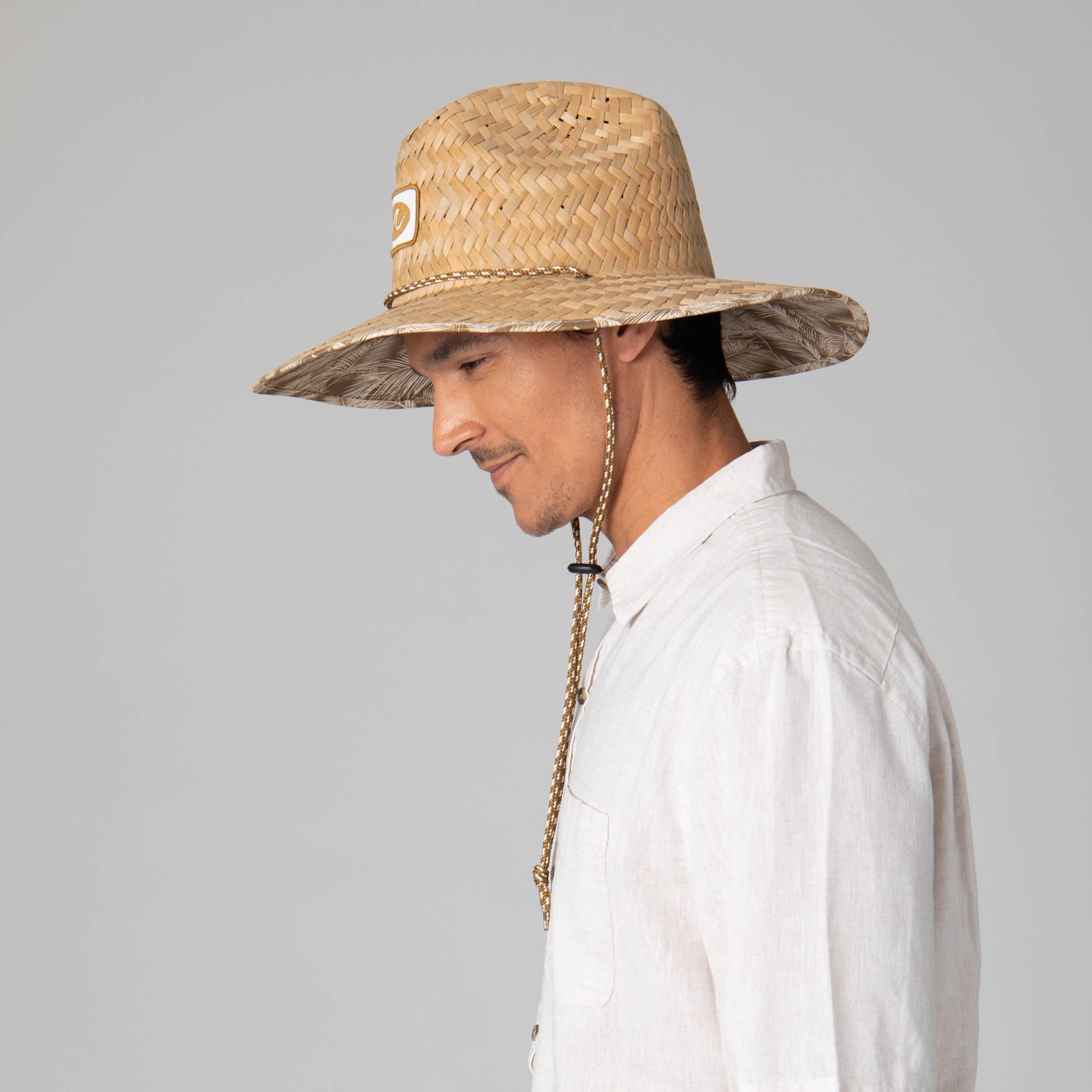 Men's Lifeguard Rush Straw Hat with Tropical Palm Leaf Under Brim - Perfect for Beach, Pool, and Summer Outdoor Activities