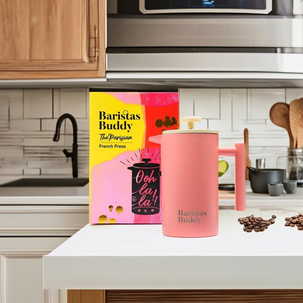 Stylish Pink French Press Coffee Maker - Retro Insulated Glass Carafe - 34oz (4 Cups) for Home, Office & Camping - Perfect for Coffee & Tea Lovers