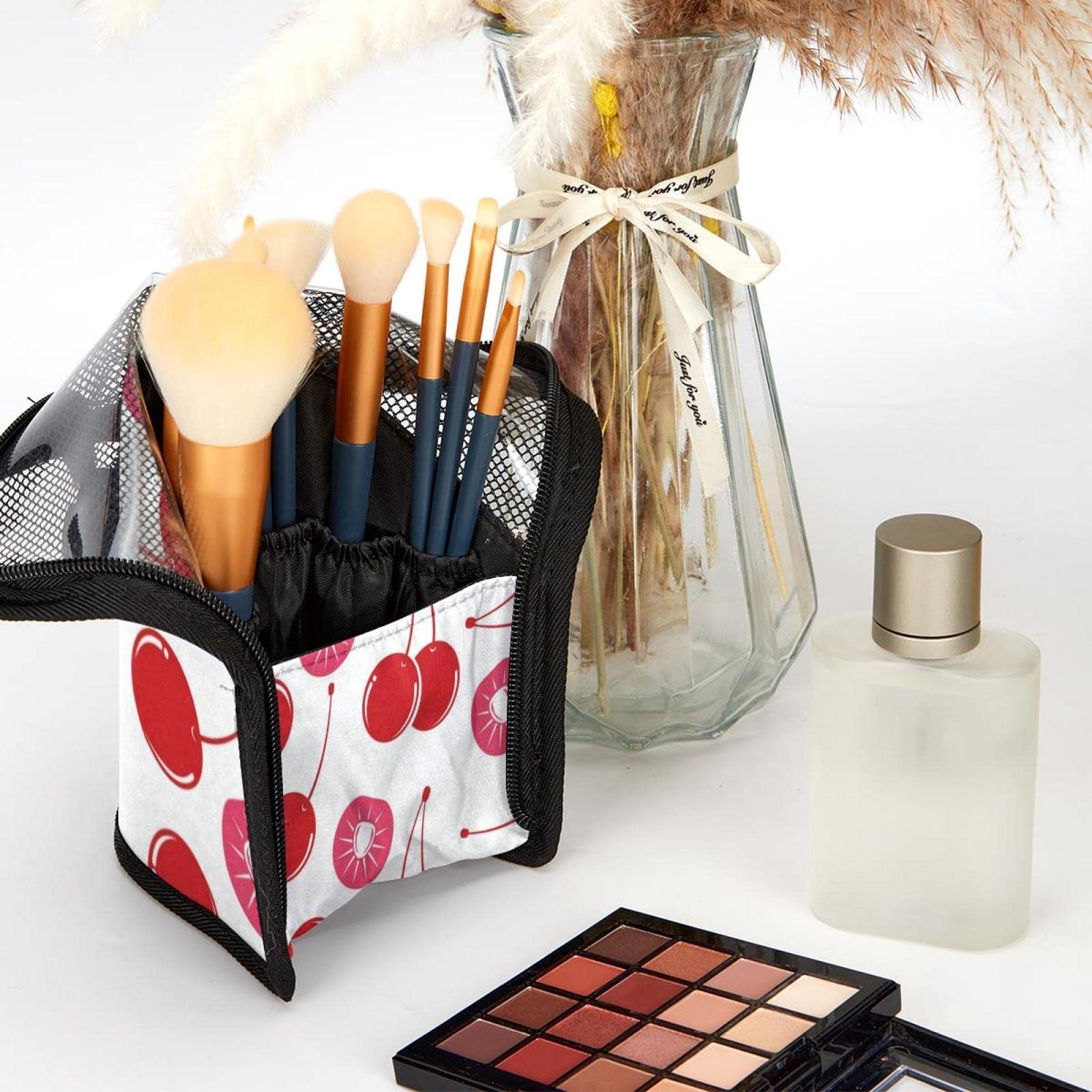 Portable Makeup Brush Organizer Bag with 12 Slots - Cherry Fruit Print Cosmetic Brush Holder Case for Travel & Home Storage | Perfect for Makeup Artists & Beauty Enthusiasts