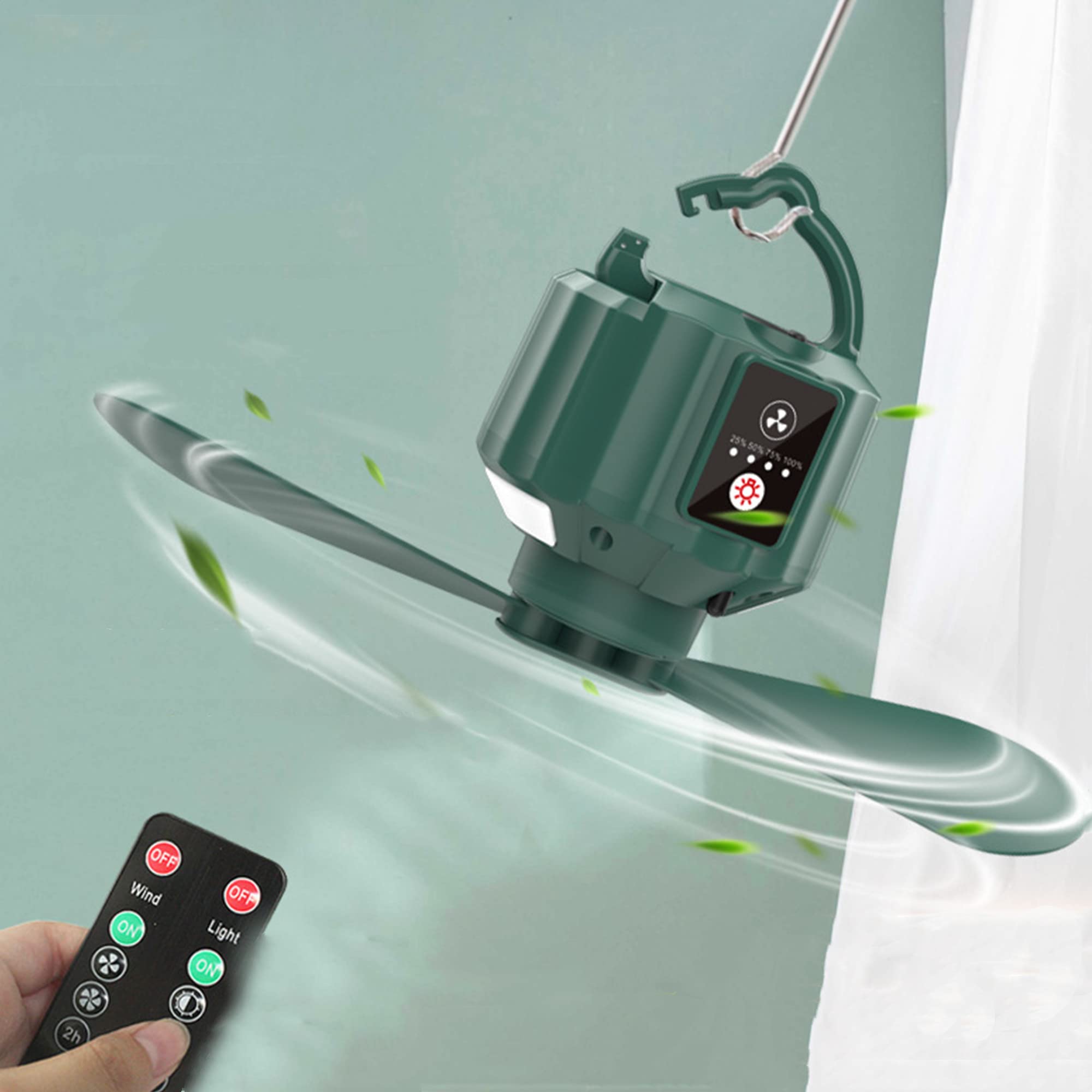 SUN RDPP USB Camping Fan with LED Light - 5200mAh Rechargeable Portable Fan, Mini Hanging Fan with Remote Control, 3 Speed Settings & 3 Brightness Levels, Timer Function - Perfect for Outdoor Travel, Camping, Hiking, Beach Trips & Power Outages (Dark Green)