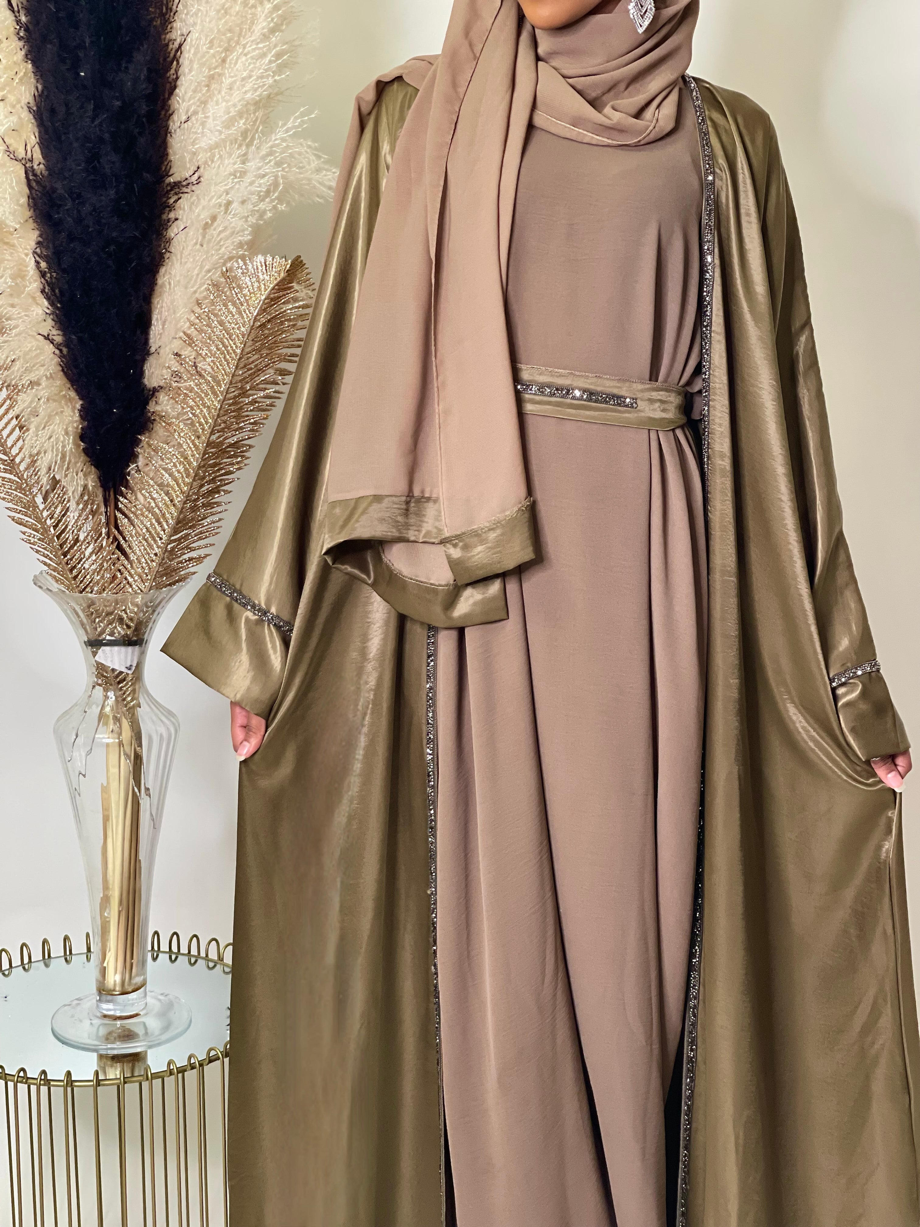 Exquisite Olive Diamond Abaya Set - Elegant Islamic Modest Dress for Women | Perfect for Eid, Weddings & Special Occasions