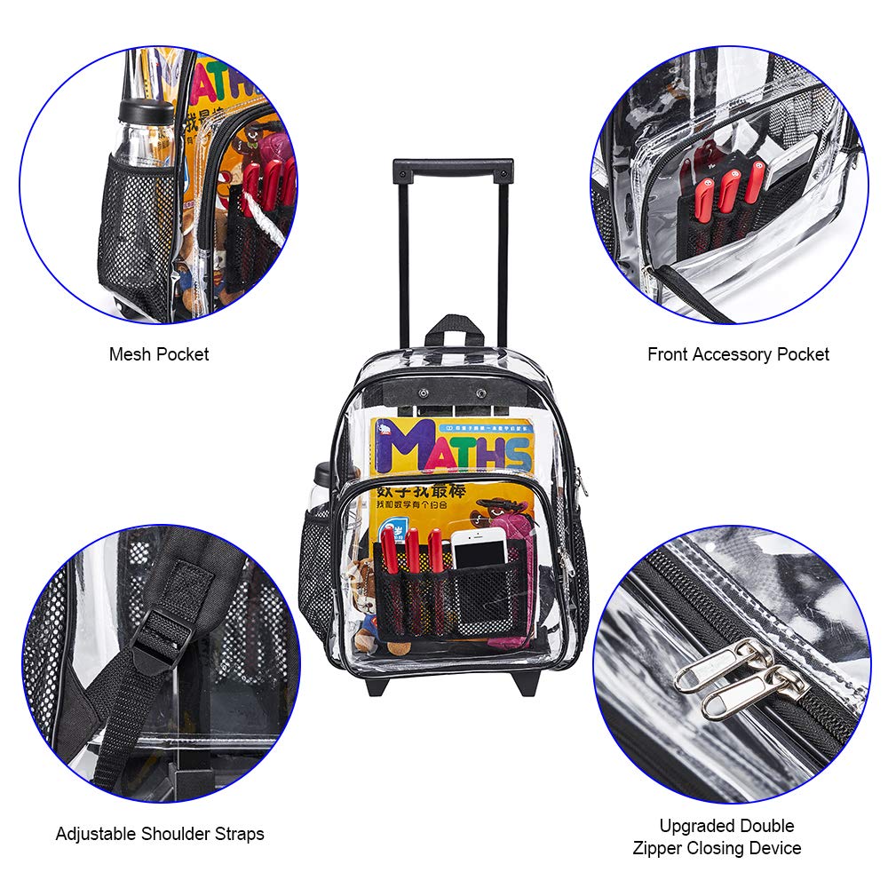 Rolling Clear Backpack - Heavy Duty Cold-Resistant Transparent PVC Wheeled Backpack for School, Travel & Security Check (Black) | Perfect for Airports, Concerts & Work Commute