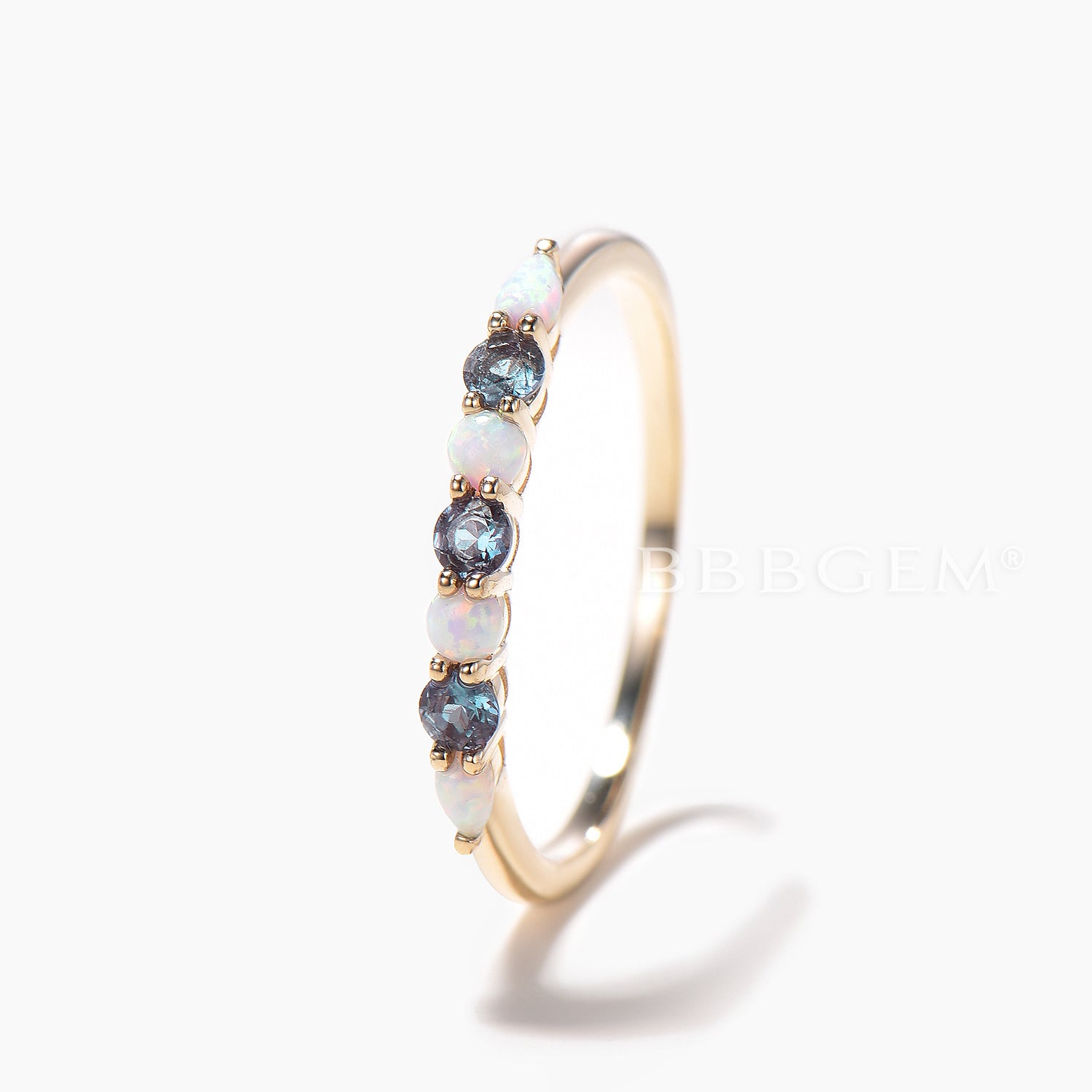 Color Changing Alexandrite & White Opal Mixed Cut Wedding Ring - Eternity Band for Women, Engagement, Anniversary & Bridal Jewelry Gift