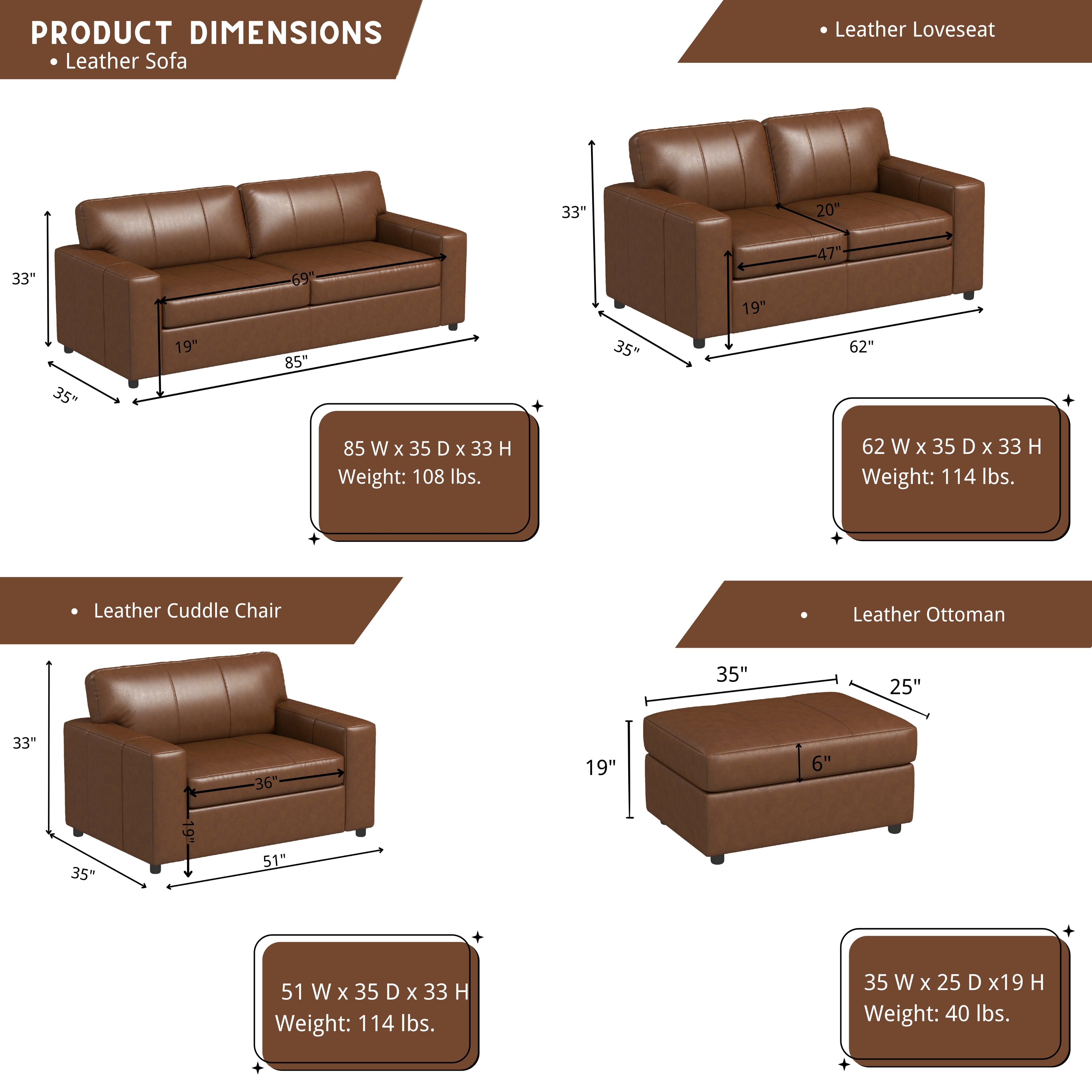 Roundhill Furniture Sakan Genuine Leather Upholstered Living Room Set - Sofa, Loveseat & Chair - Modern Sectional Couch for Home Theater, Family Room & Lounge Areas