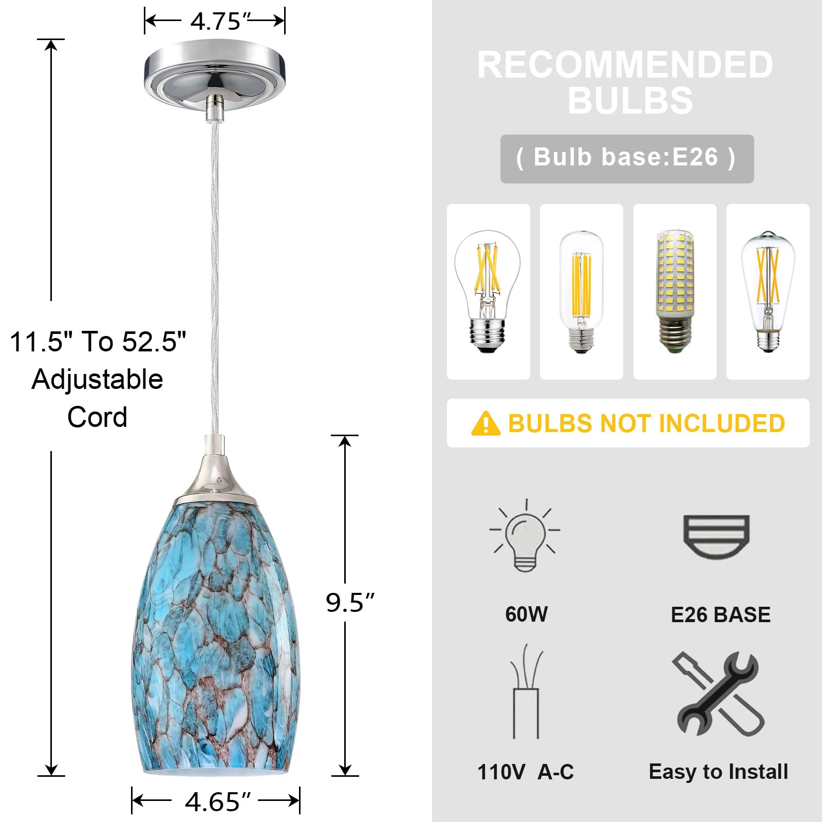 3 Pack Mini Hanging Pendant Lights - Polished Nickel Finish Handcrafted Art Glass Shade for Kitchen Island, Bar, Dining Room & Over Sink | Peacock Blue Glass | Indoor Decorative Lighting for Modern Home Decor