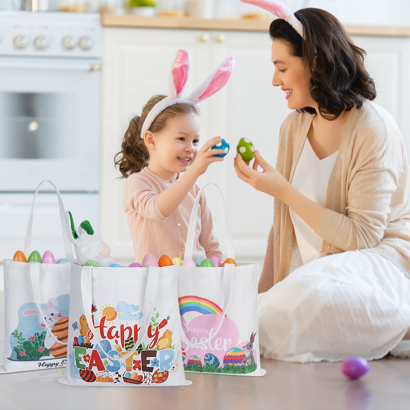AKEROCK 3-Piece Easter Tote Bags with Handles - Large Reusable Canvas Easter Baskets for Kids Egg Hunt, Easter Party Favors & Spring Gift Baskets