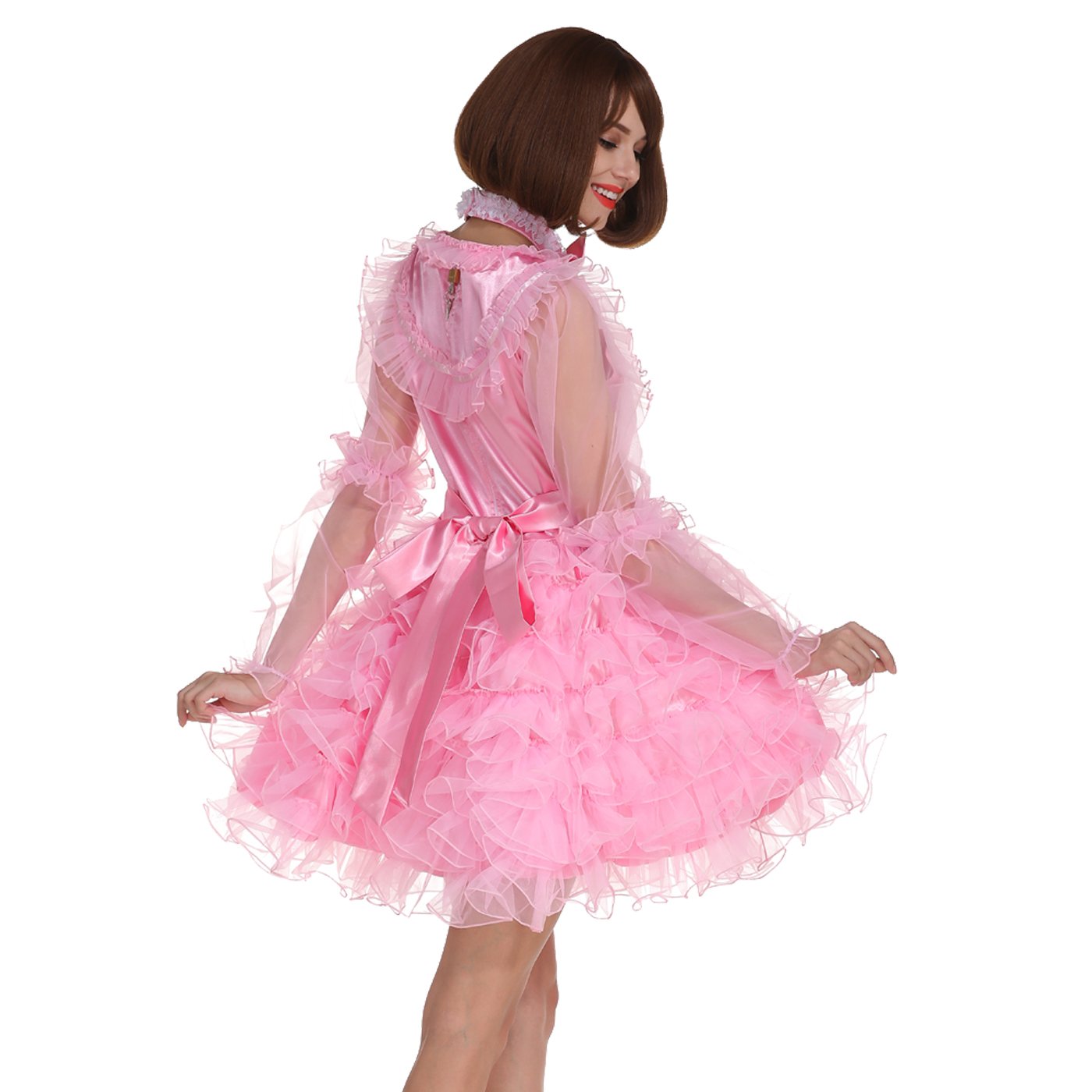 Elegant Long Sleeve Lockable Maid Dress - Puffy Organza Satin Pink Costume for Cosplay, Halloween, Party & Role Play