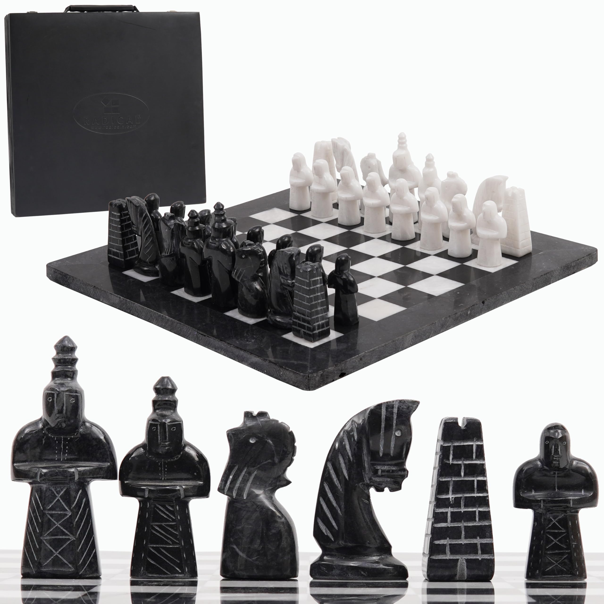 Premium Handmade Marble Chess Set with Storage Box - 15 Inch Black & White Antique Chess Board Game for Adults - Includes 1 Chess Board & 32 Chess Pieces - Perfect for Home Decor, Gifts, and Strategy Game Lovers