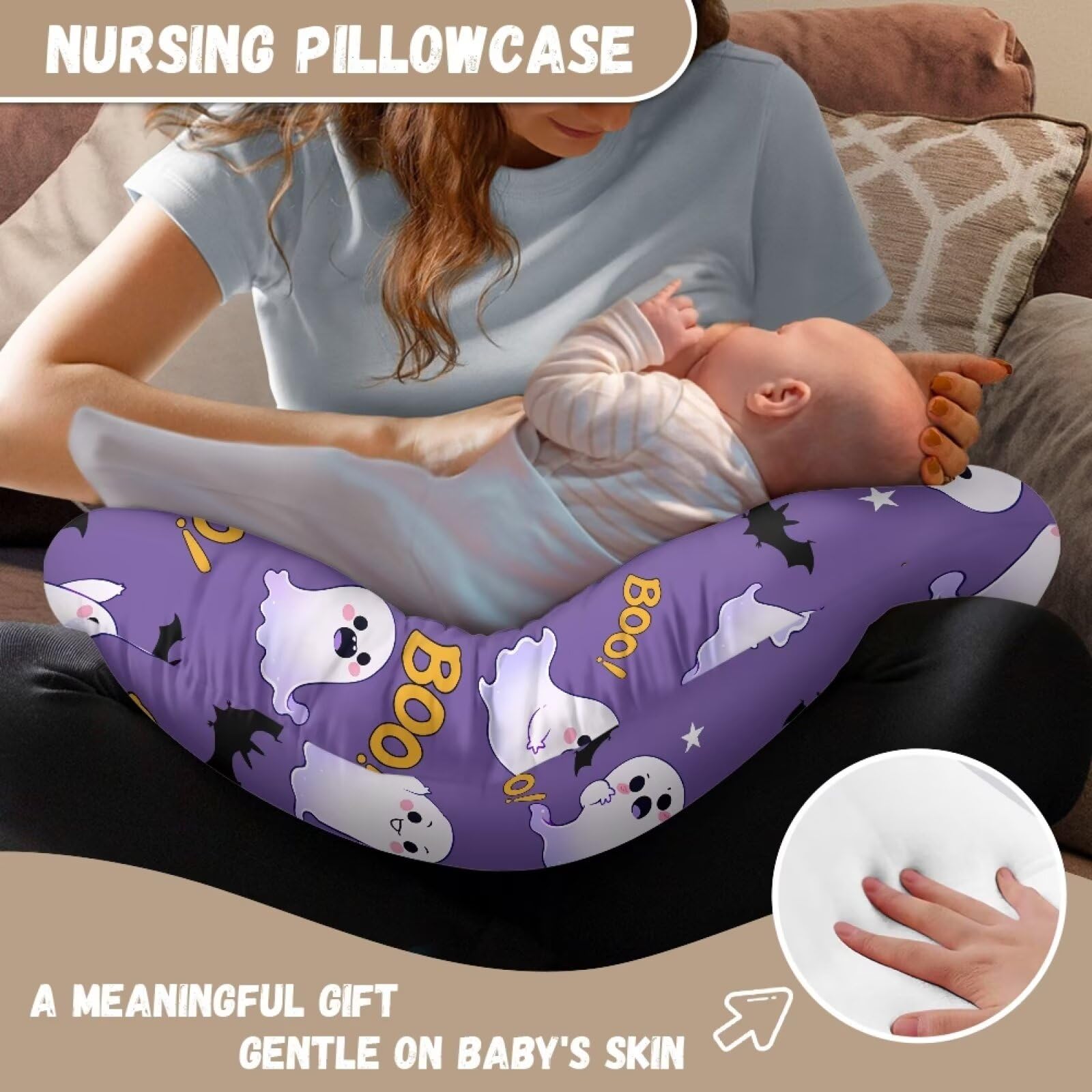 Halloween Ghost Bats Baby Nursing Pillow Cover - Soft Skin-Friendly Slipcover with Hidden Zipper for Newborns - Cute Boy & Girl Gift for Breastfeeding Support - Perfect for Halloween, Baby Showers and Nursery Decor