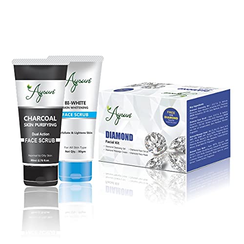 Aysun Charcoal Face Scrub, BI-White Face Scrub & Diamond Facial Kit - 3-Piece Skincare Combo for Deep Cleansing, Brightening & Exfoliation | Perfect for Daily Facial Care & Spa Treatments