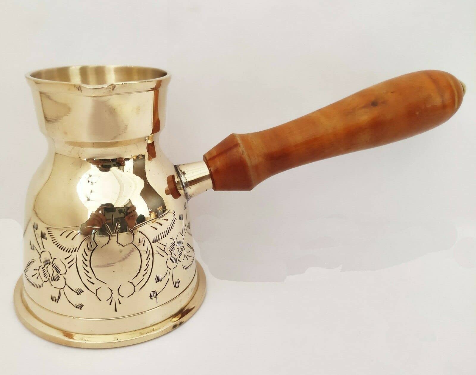 Sharvgun Brass Turkish Greek Arabic Coffee Pot - 11 Oz Cezve Ibrik Briki with Wooden Handle & Floral Engraving | Stovetop Coffee Maker for Home, Office & Traditional Brewing