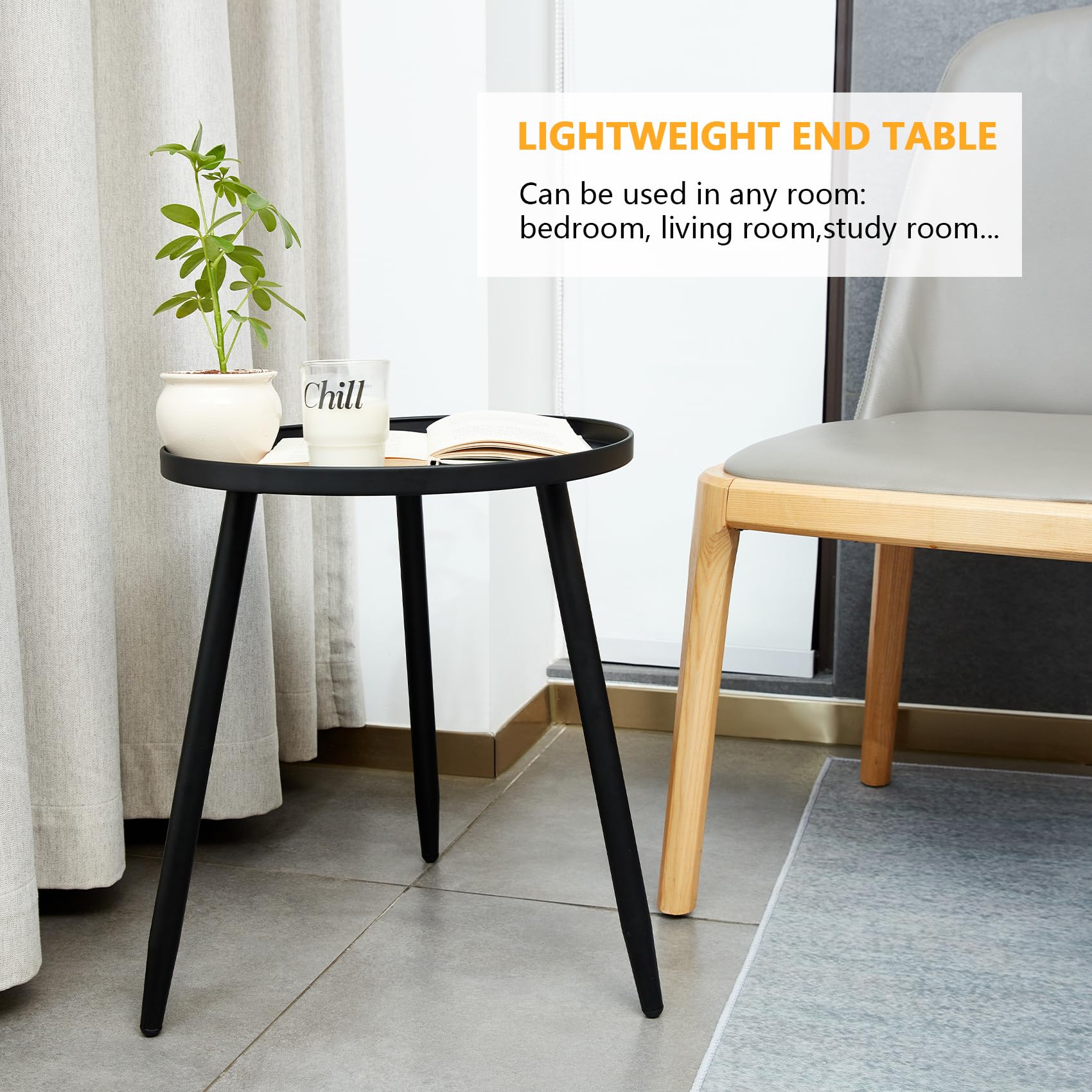 Stylish Round End Table - 3-Leg Metal Black Side Table for Living Room, Bedroom, Balcony | Compact Nightstand, Plant Stand & Accent Table for Indoor & Outdoor Use - Perfect for Small Spaces & Home Decor