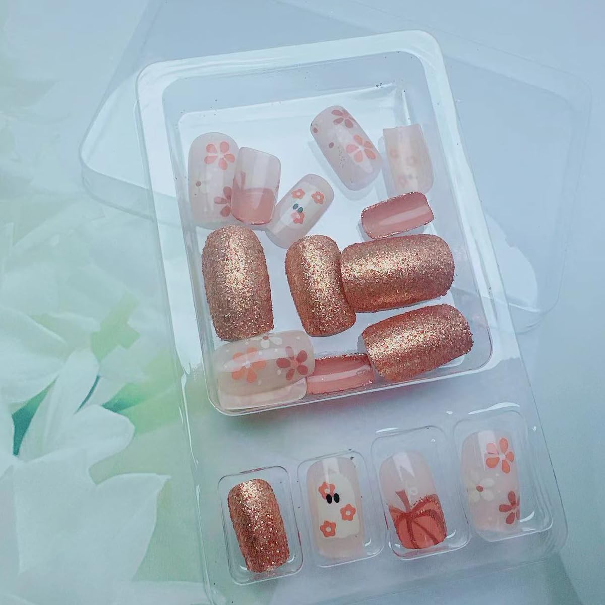 Halloween Press on Nails - 24Pcs Square Medium Fake Nails with Ghost, Flower & Pumpkin Designs | Glossy Stick on Nails for Women | Perfect for Costume Parties, Trick or Treat & Spooky Manicures
