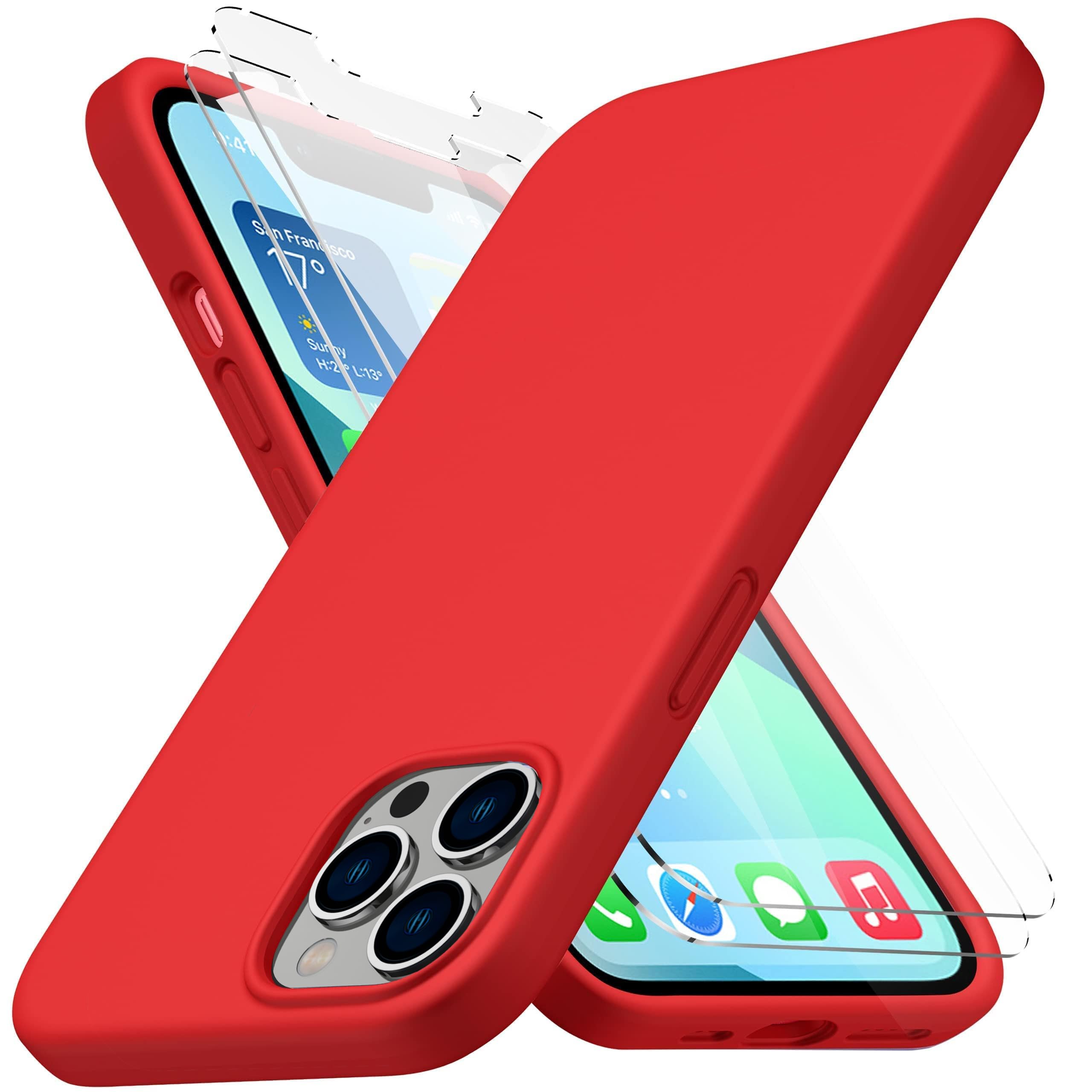 CellEver Heavy-Duty Silicone Case for iPhone 13 Pro Max with 2 Shatterproof Glass Screen Protectors - Military-Grade Drop Protection, Scratch-Free Interior (Bright Red) - Perfect for Outdoor Activities, Travel & Daily Protection