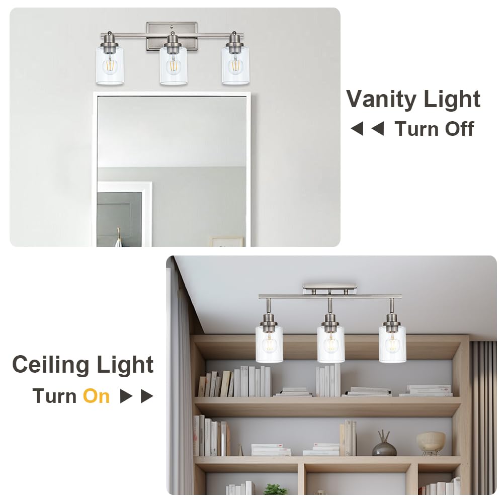 Modern Track Lighting Kit - Brushed Nickel Bathroom Vanity Light with Clear Glass Shade - 3 Adjustable Ceiling Spotlights for Kitchen, Living Room & Bedroom - Industrial Style Lighting Fixture for Home Decor