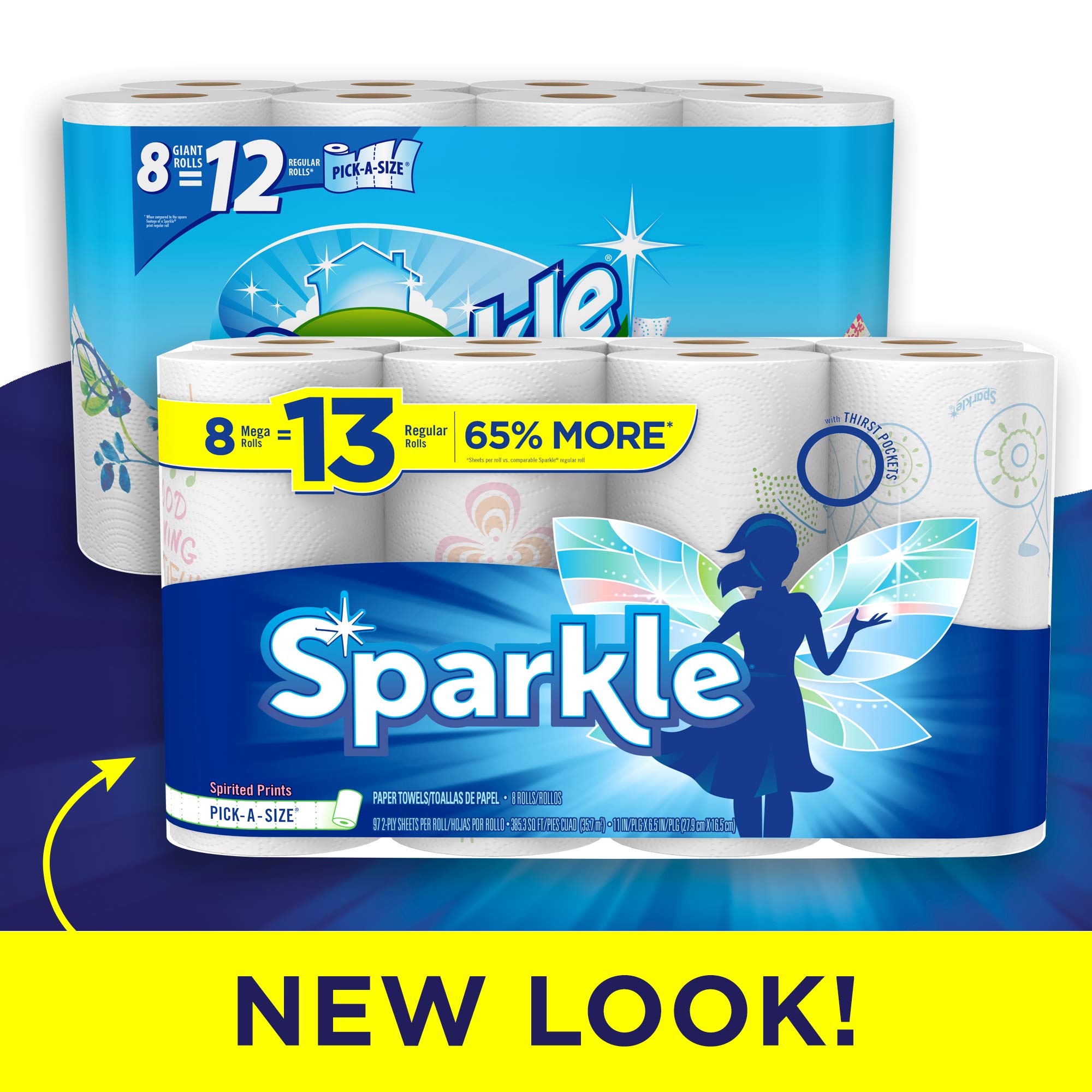 Sparkle Paper Towels, 8 Mega Rolls (Equal to 16 Regular Rolls) | Spirited Prints Design | Ultra Absorbent & Strong | Perfect for Kitchen Cleaning, Spills & Household Use