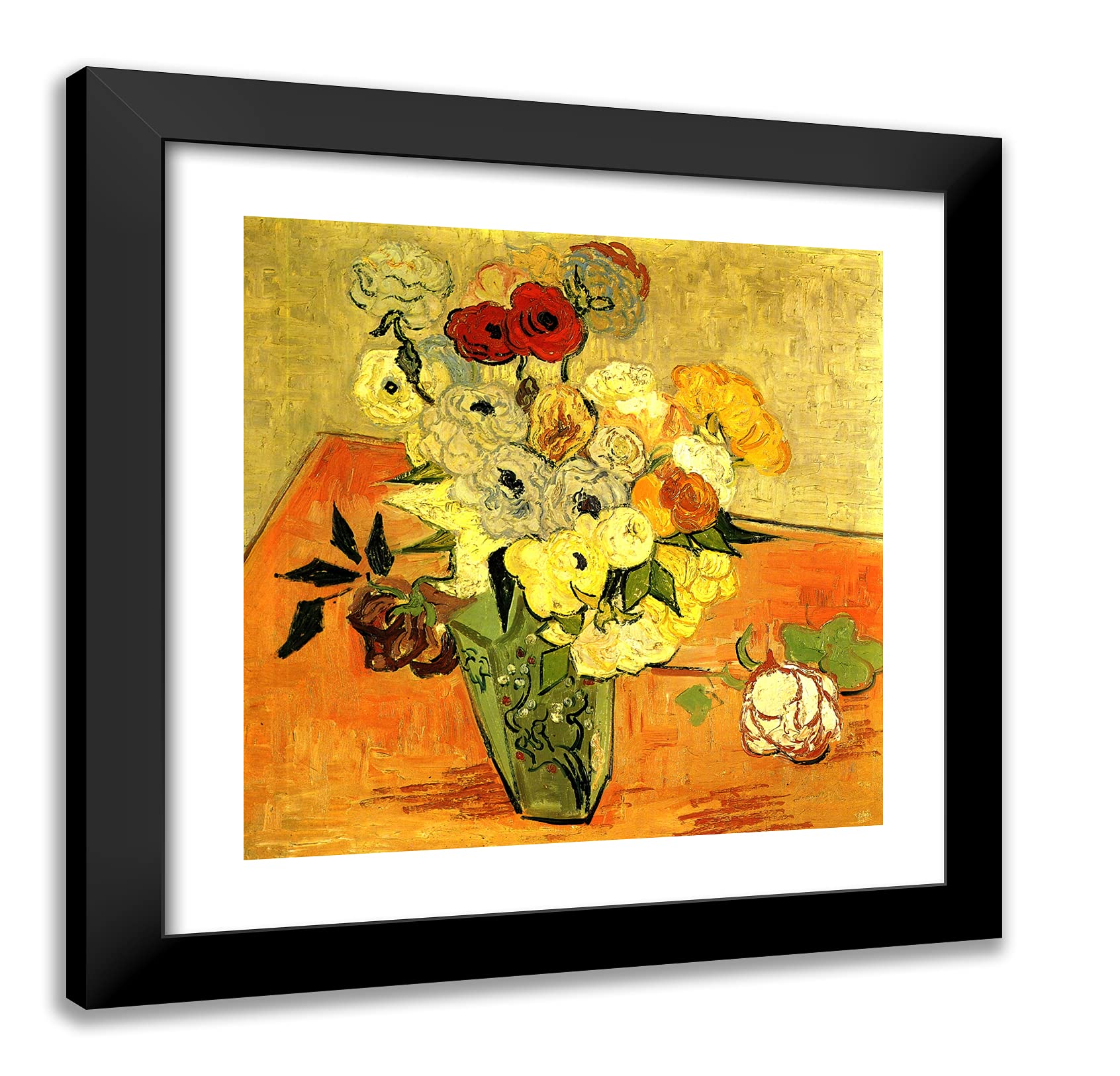 Van Gogh Japanese Vase With Roses and Anemones - 20x20 Inch Black Modern Framed Art Print - Wall Decor for Living Room, Bedroom & Office