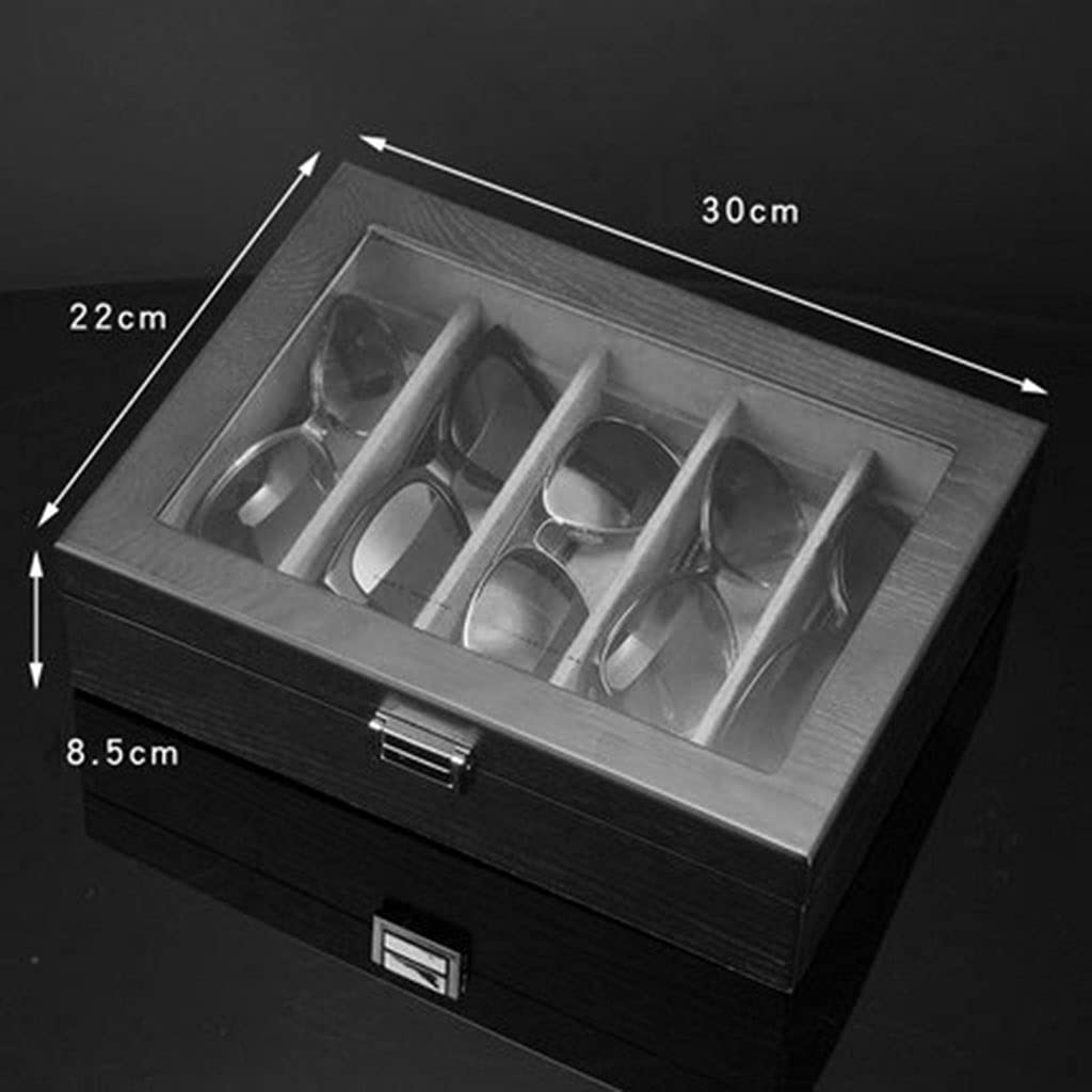 Premium 5-Slot Sunglasses Organizer - Ash Wood Glasses & Jewelry Storage Case with Lock & Visible Sunroof (Dark Brown, 30x22x8.5cm) - Perfect for Home, Office & Travel Accessory Organization