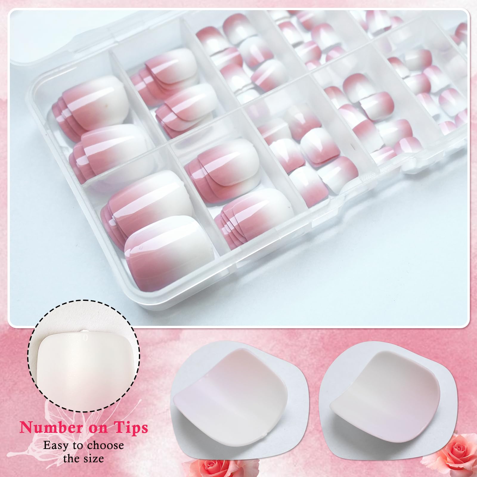 AddFavor 120pcs Ombre Press on Toenails - Pink White Gradient Fake Toe Nails for Women | Easy to Apply, Reusable Artificial Nails | Perfect for Parties, Weddings, Vacations & Everyday Wear