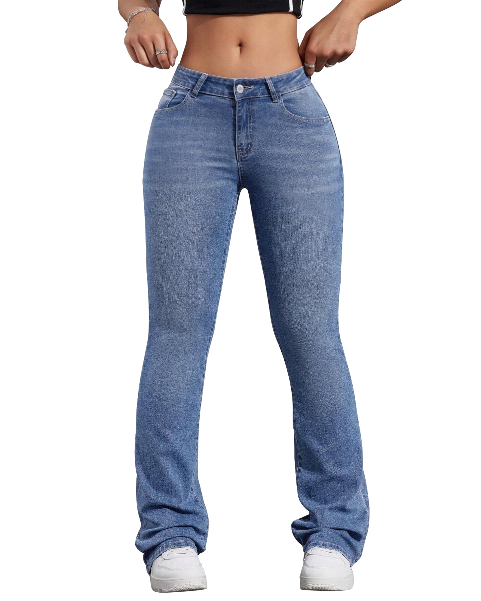 Women's Low Waist Bell Bottom Jeans - Classic Stretch Flared Denim Pants for Casual Wear & 70s Retro Style Outfits