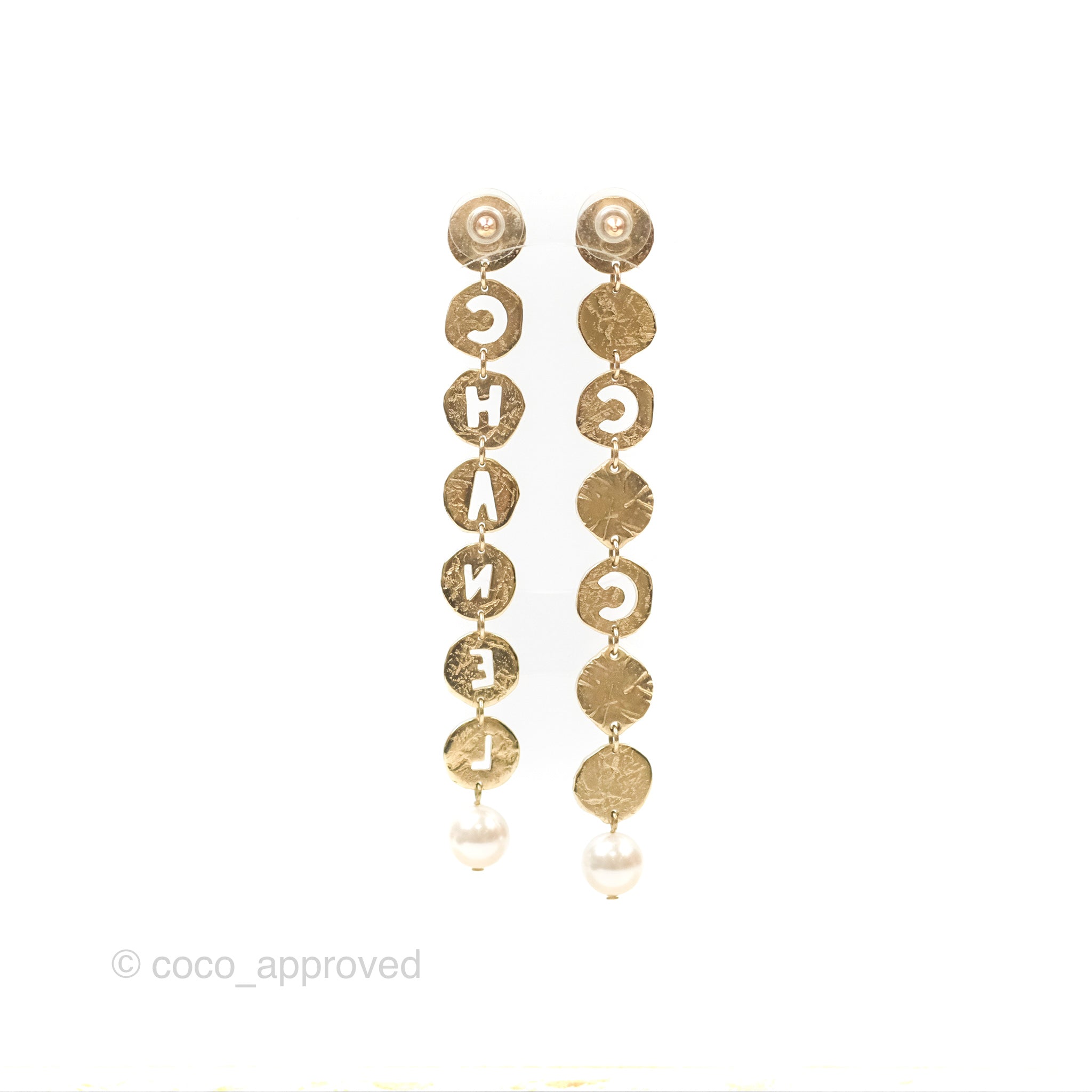 Chanel CC Coco Pearl Round Chain Long Drop Earrings in Gold Tone - 19A Collection | Elegant Jewelry for Parties, Weddings & Special Occasions